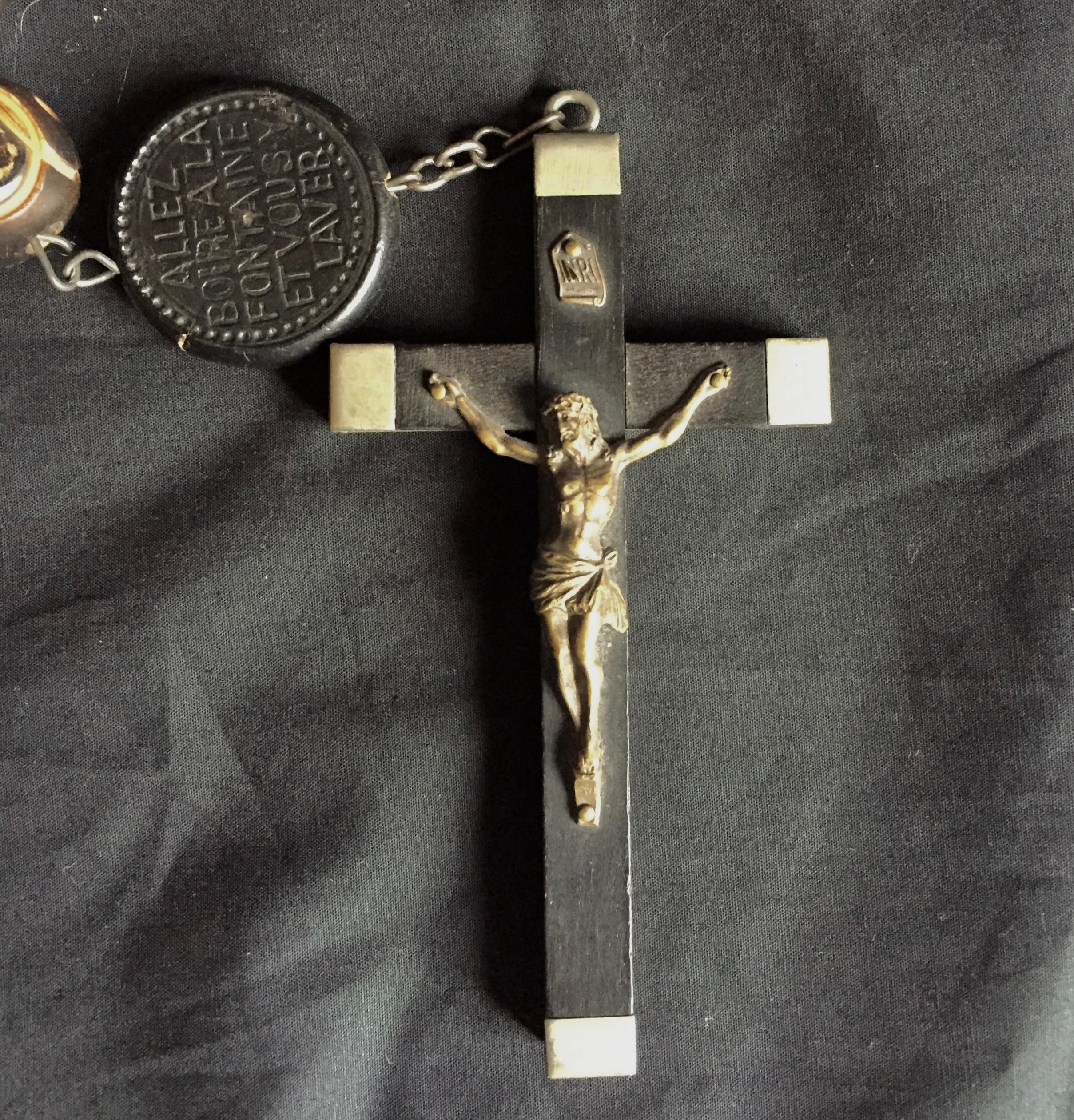 Vintage French rosary, called a nuns rosary or monks rosary because of its length and size of the beads, circa 1940. The French rosary can be worn around the neck (tripled) or waist and can also be hung on the wall. The large ebony wood crucifix in