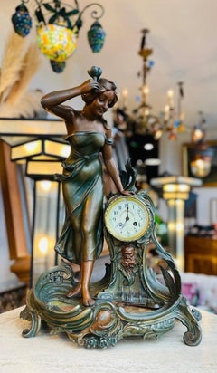 Large Nymph Clock in Regula & Bronze Patina Marble by A. De Raudery, 1890s