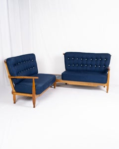 Large oak and ceramic corner sofa, Guillerme et Chambron for Votre Maison, 1970s