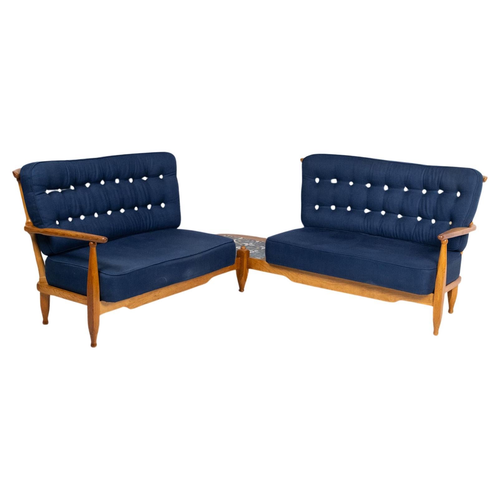 Large oak and ceramic corner sofa, Guillerme et Chambron for Votre Maison, 1970s For Sale