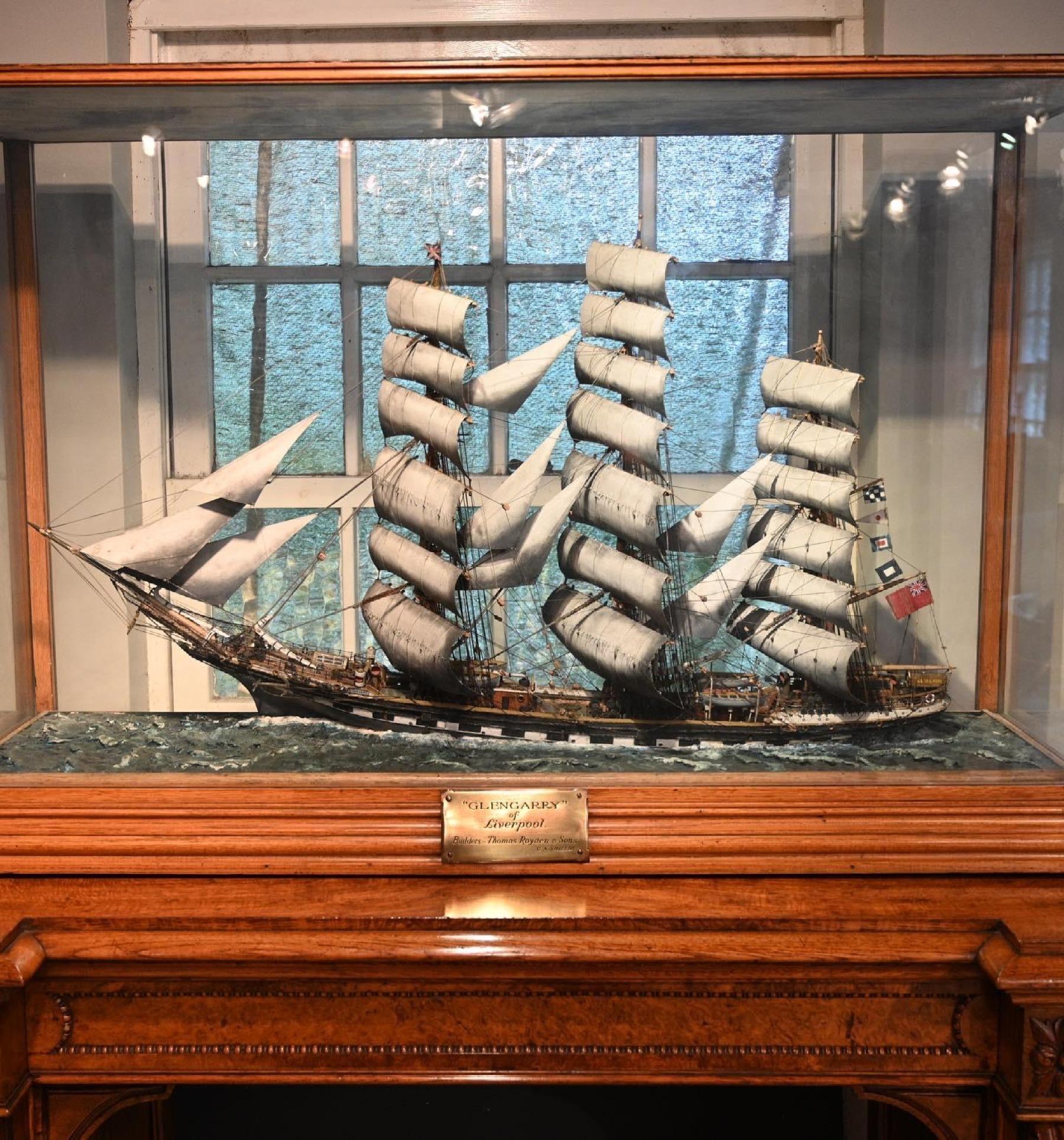 Large Oak and Glazed Cased Model of the Tea Clipper Glengarry in Full Sail For Sale 6