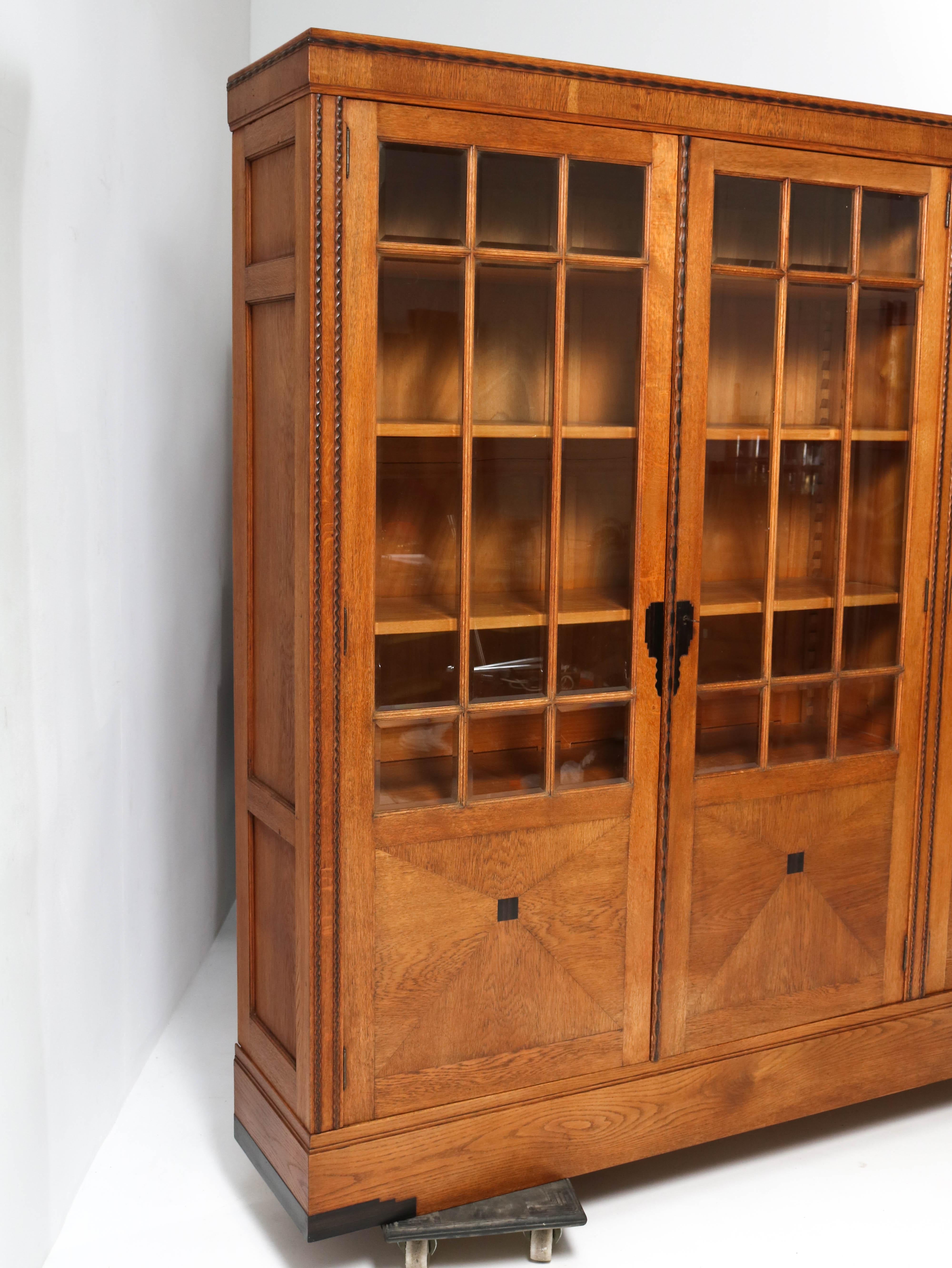 Glass Large Oak Art Deco Amsterdamse School Library Bookcase, 1920s