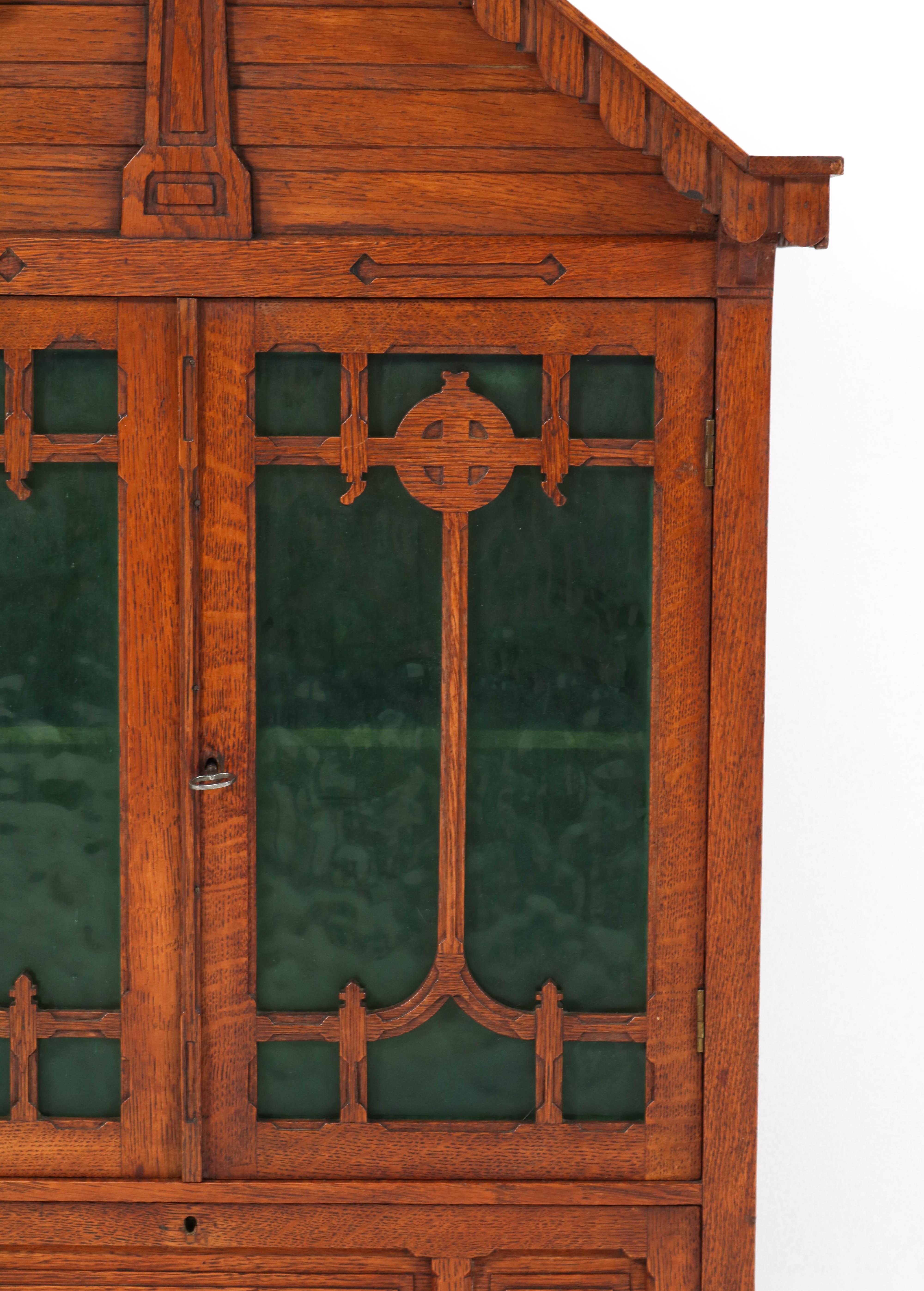 Brass Large Oak Arts & Crafts Wall Cabinet with Green Glass, 1900s