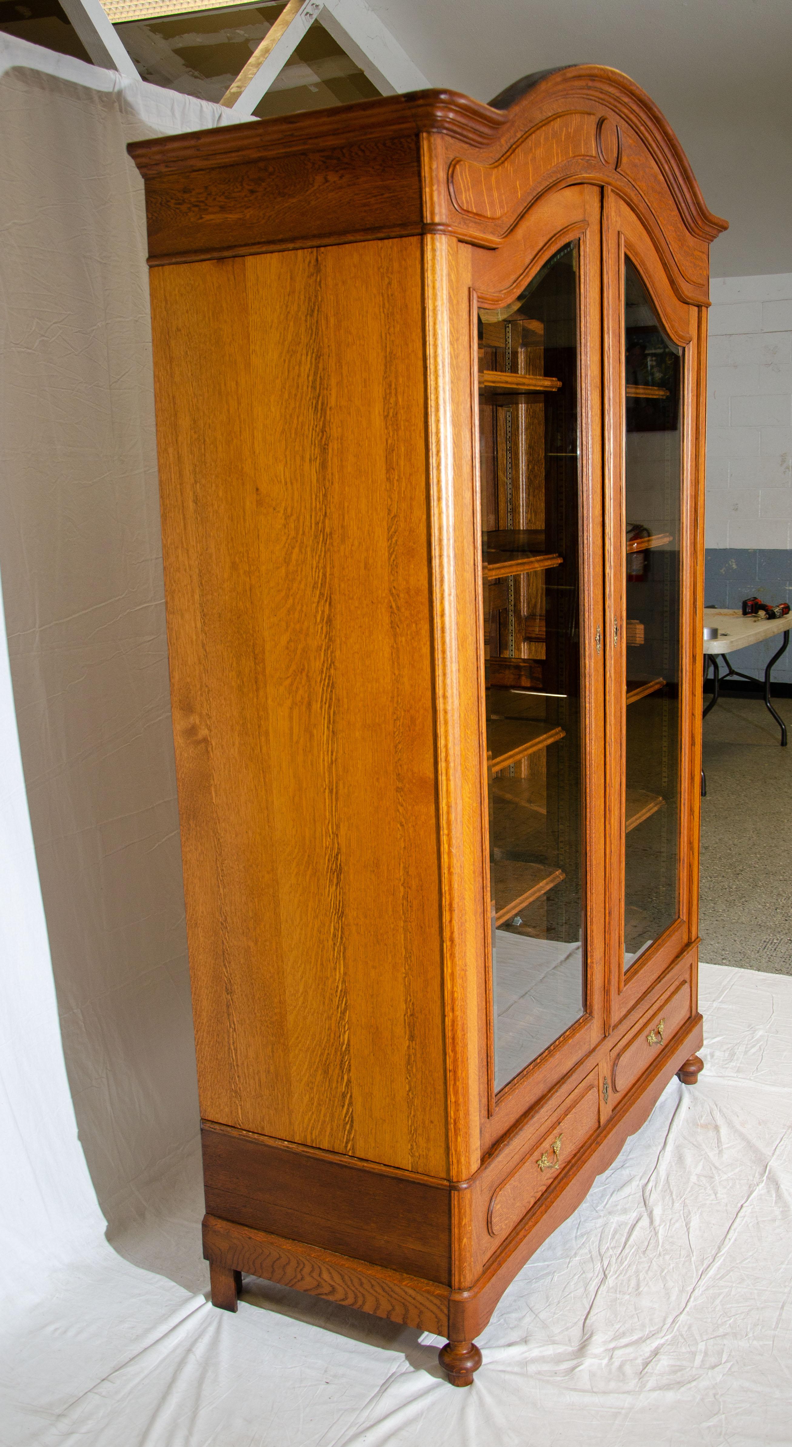 Large Oak Cabinet / Media Center / Bookcase with Beveled Glass Doors For Sale 3