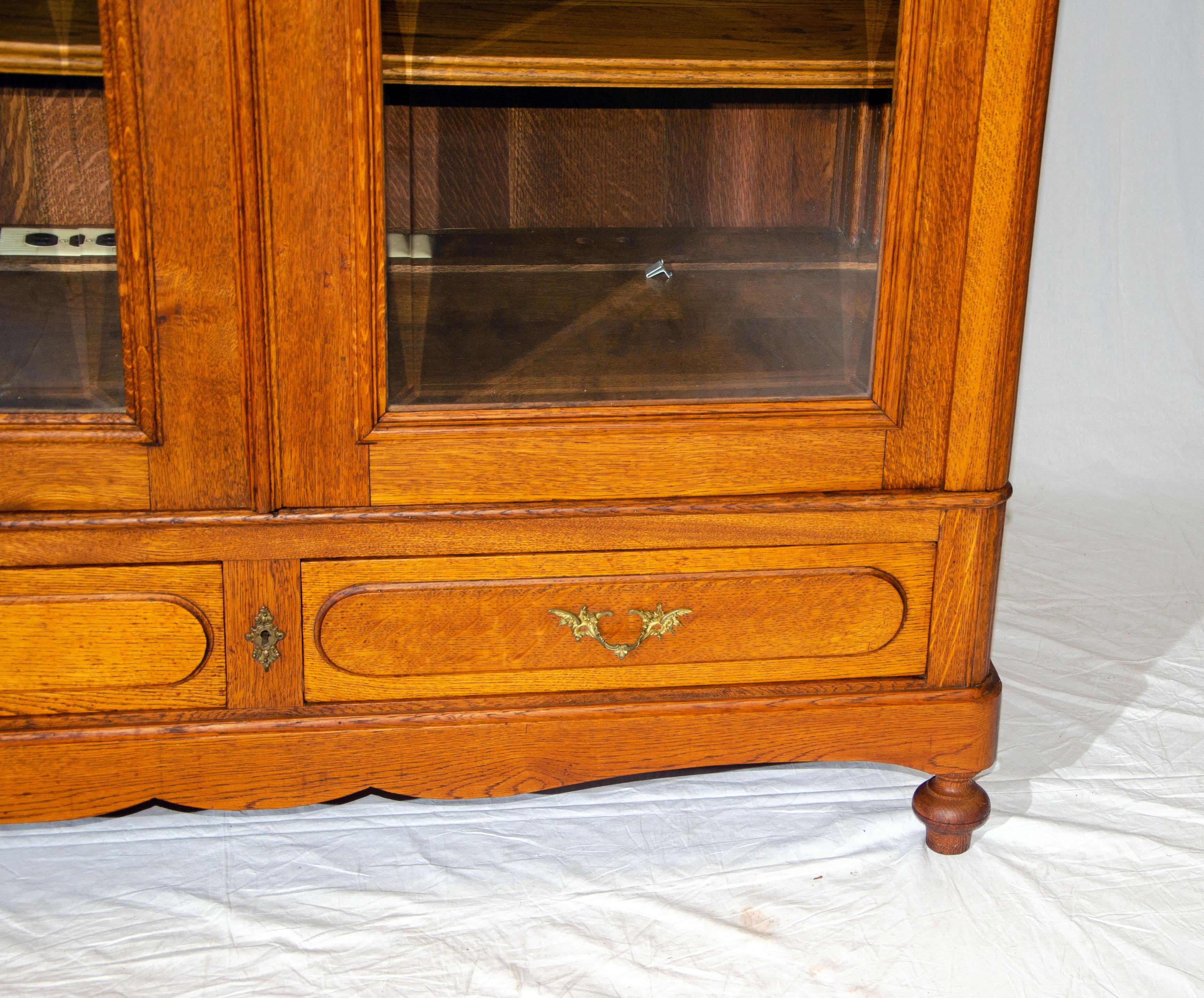 Large Oak Cabinet / Media Center / Bookcase with Beveled Glass Doors For Sale 4