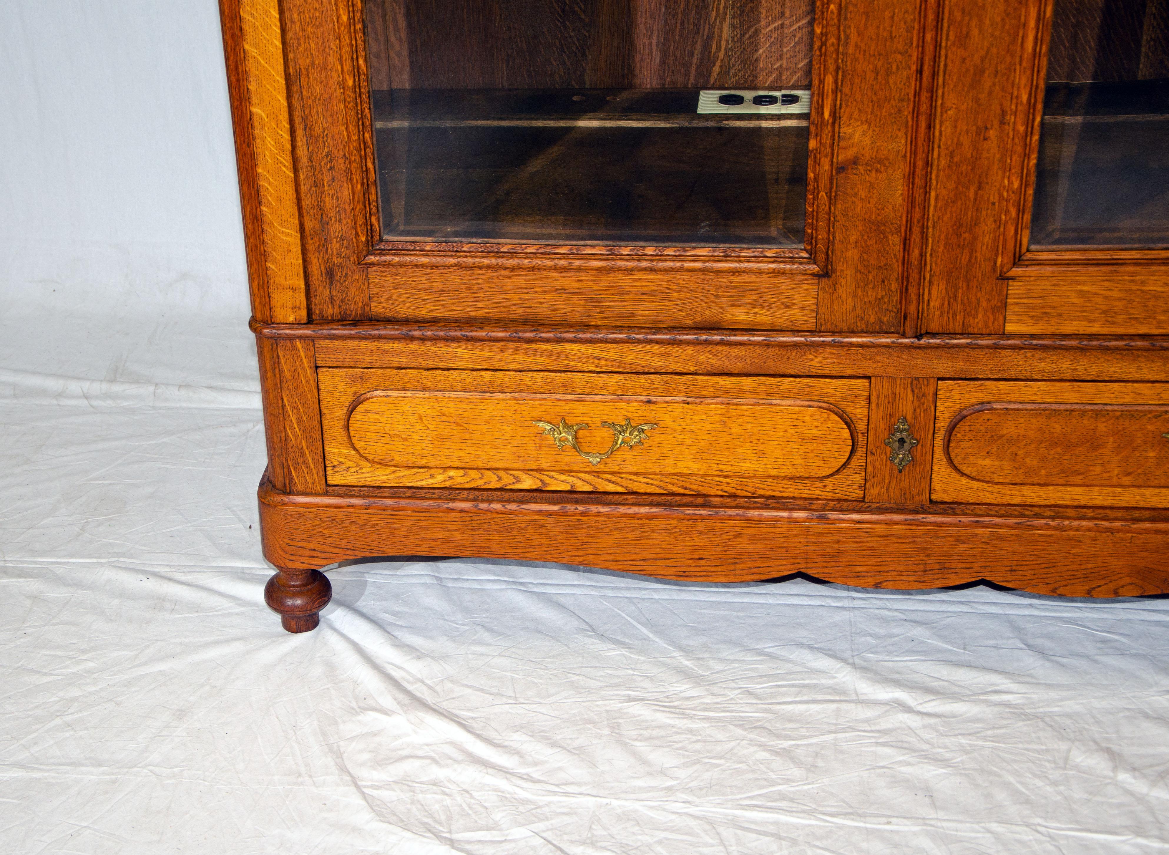 Large Oak Cabinet / Media Center / Bookcase with Beveled Glass Doors For Sale 5