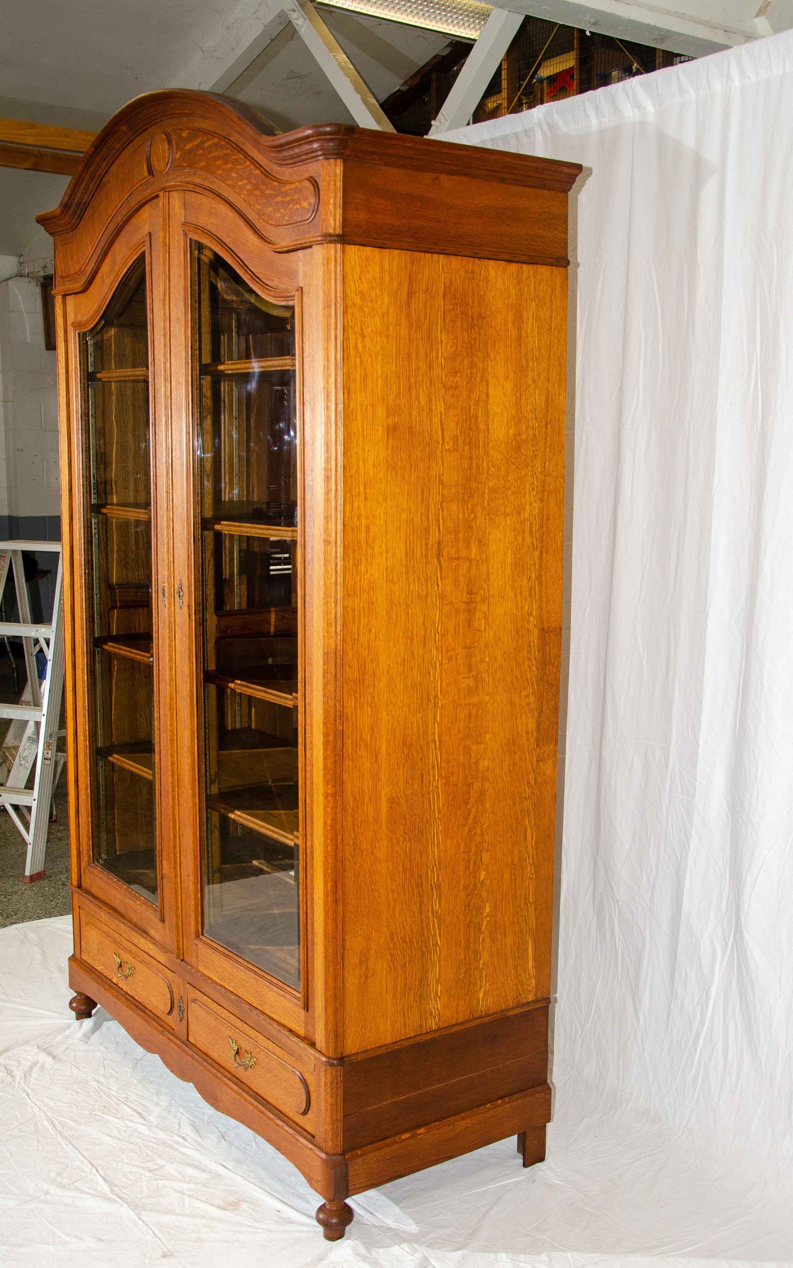 Large Oak Cabinet / Media Center / Bookcase with Beveled Glass Doors For Sale 2