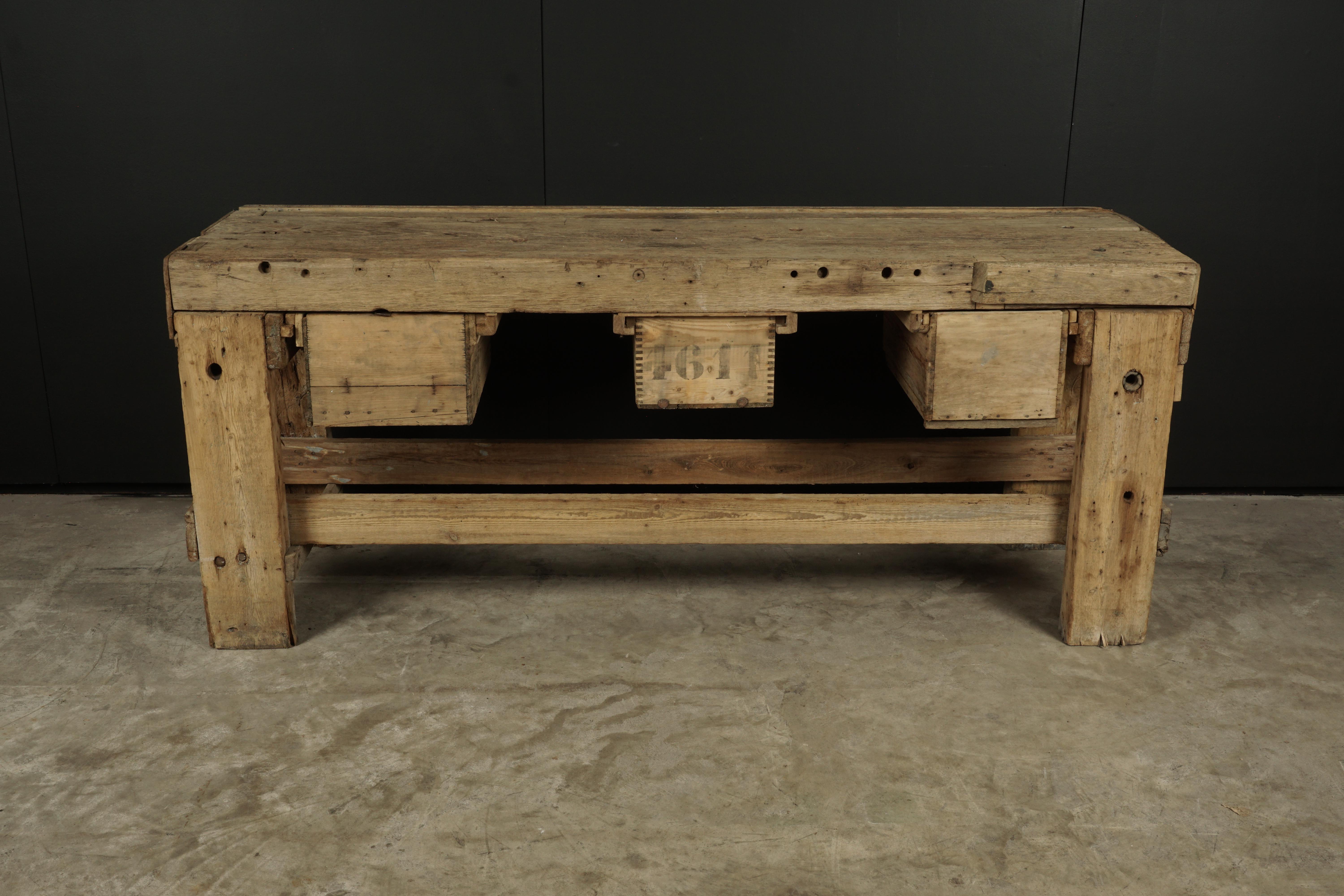 Large solid oak console from France, circa 1950. Primitive model with great wear and patina.