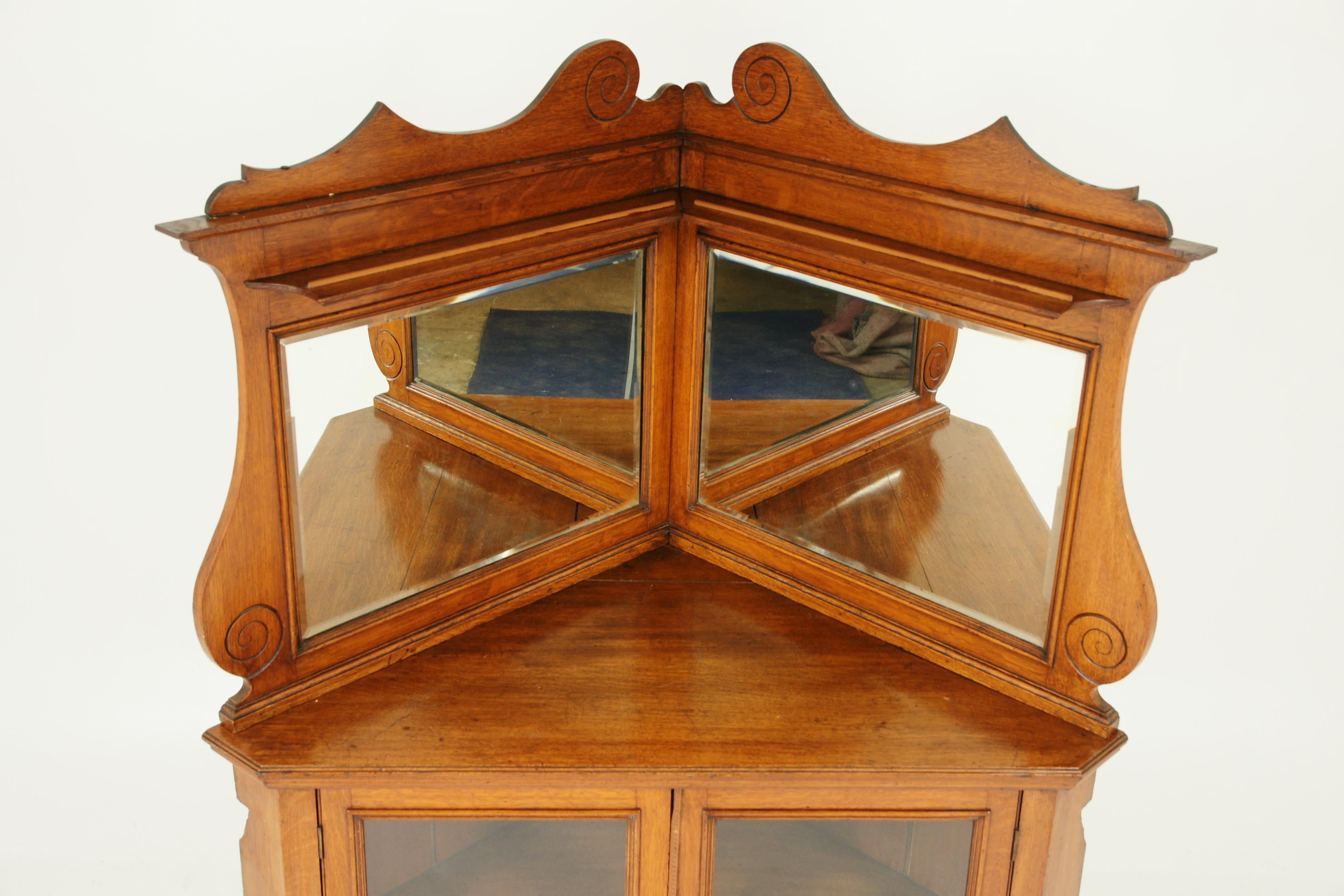 Early 20th Century Antique Corner Cabinet, Mirror Back Oak Cabinet, Entryway,  Scotland 1900, H050 For Sale