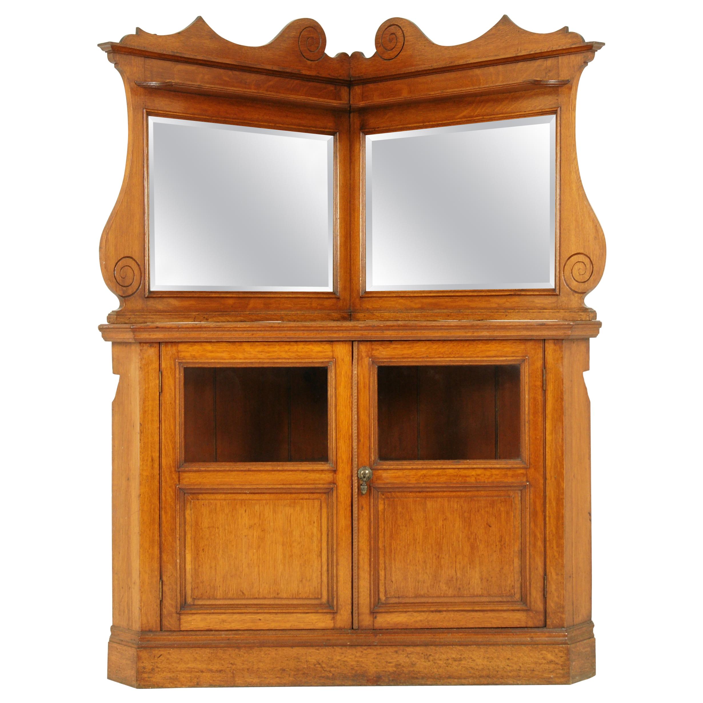 Armoire d'angle ancienne, armoire en chêne à dos de miroir, entrée,  Écosse 1900, H050