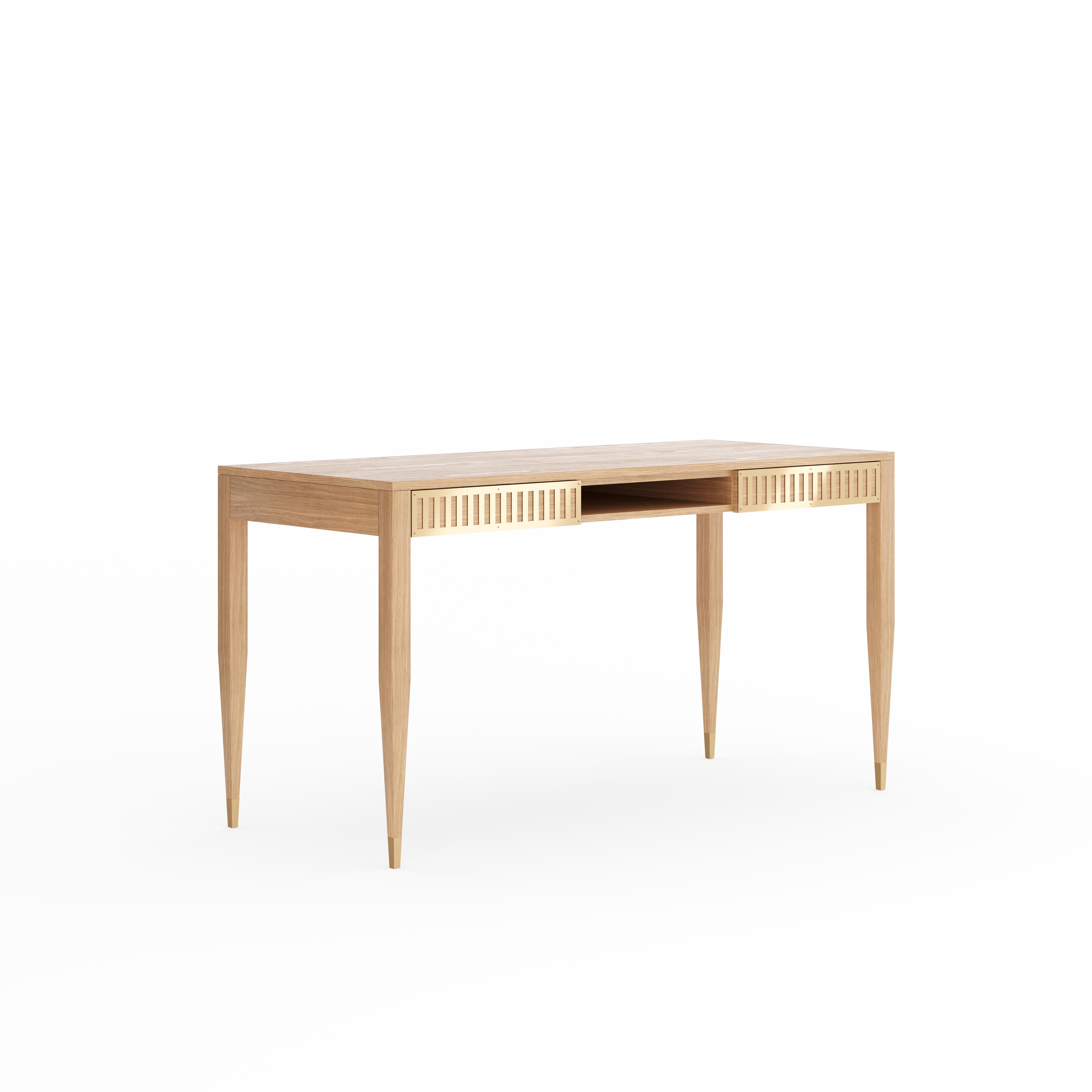 Desk in mid-century style with two drawers, shelf and brass fronts. The tapered legs are finished with brass plated aluminum feet. Desk made of solid oak wood and wood covered with natural oak veneer. Other wood on request. Perfect as office desk,