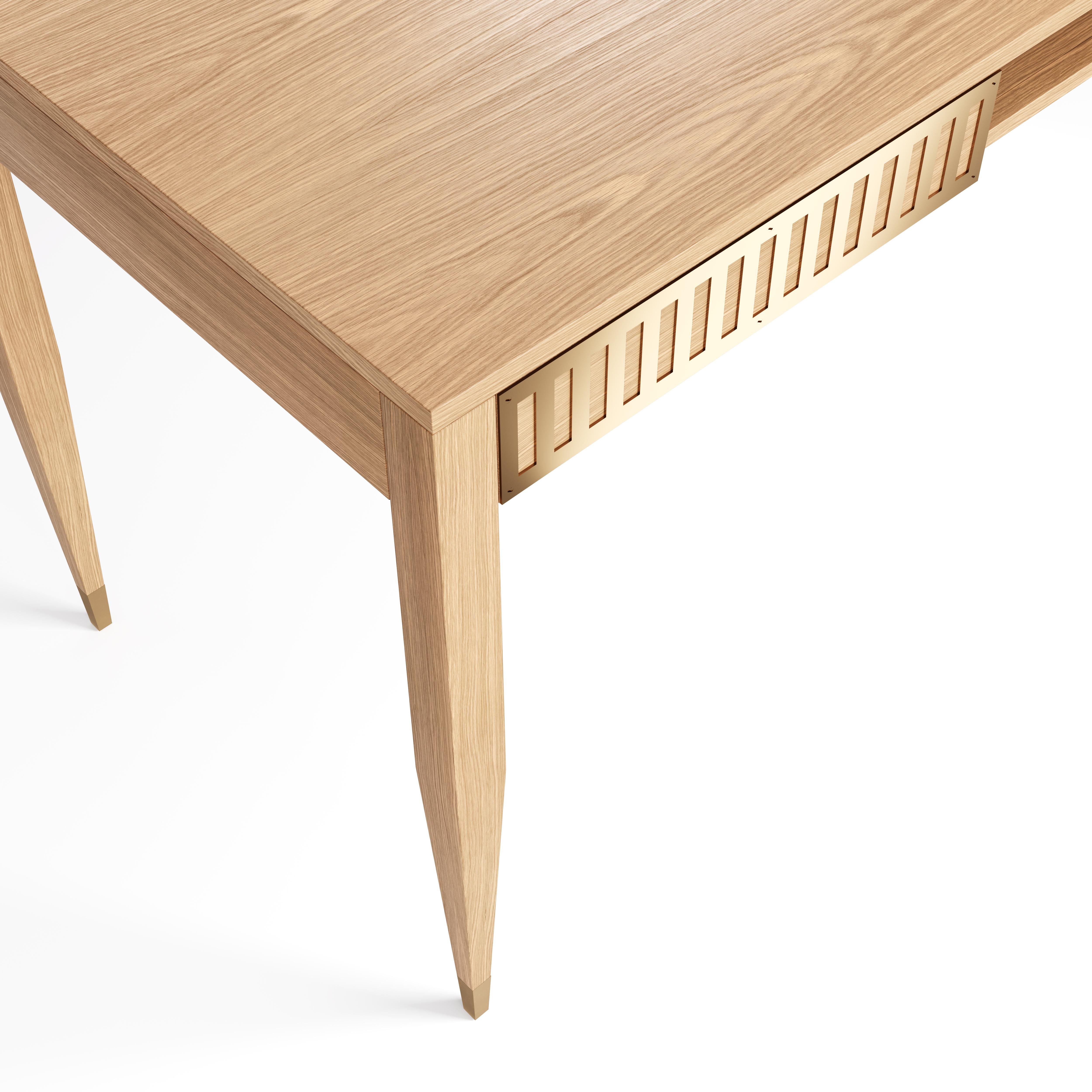 Mid-Century Modern Large oak desk with drawers, shelf and brass fronts in mid century modern style For Sale