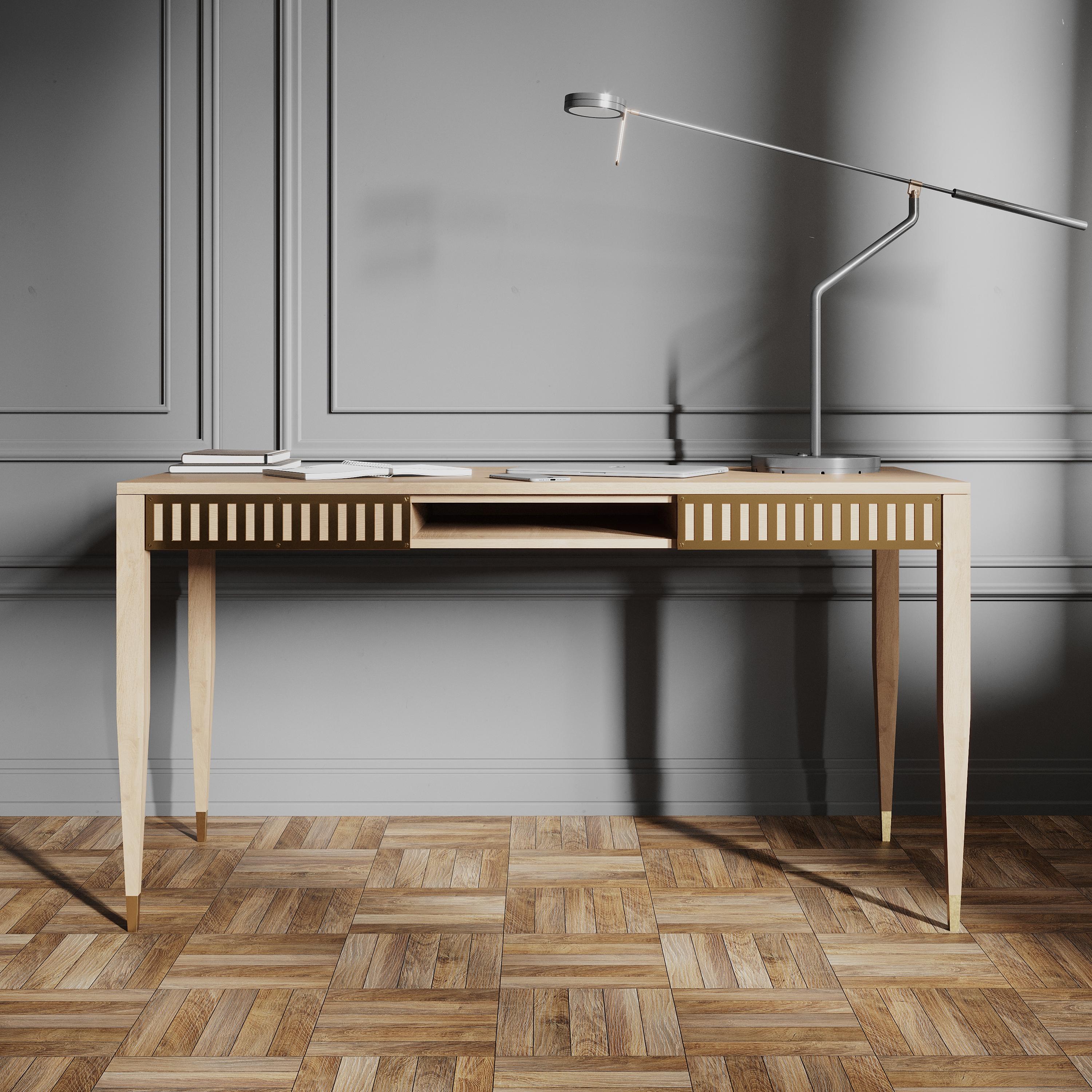European Large oak desk with drawers, shelf and brass fronts in mid century modern style For Sale