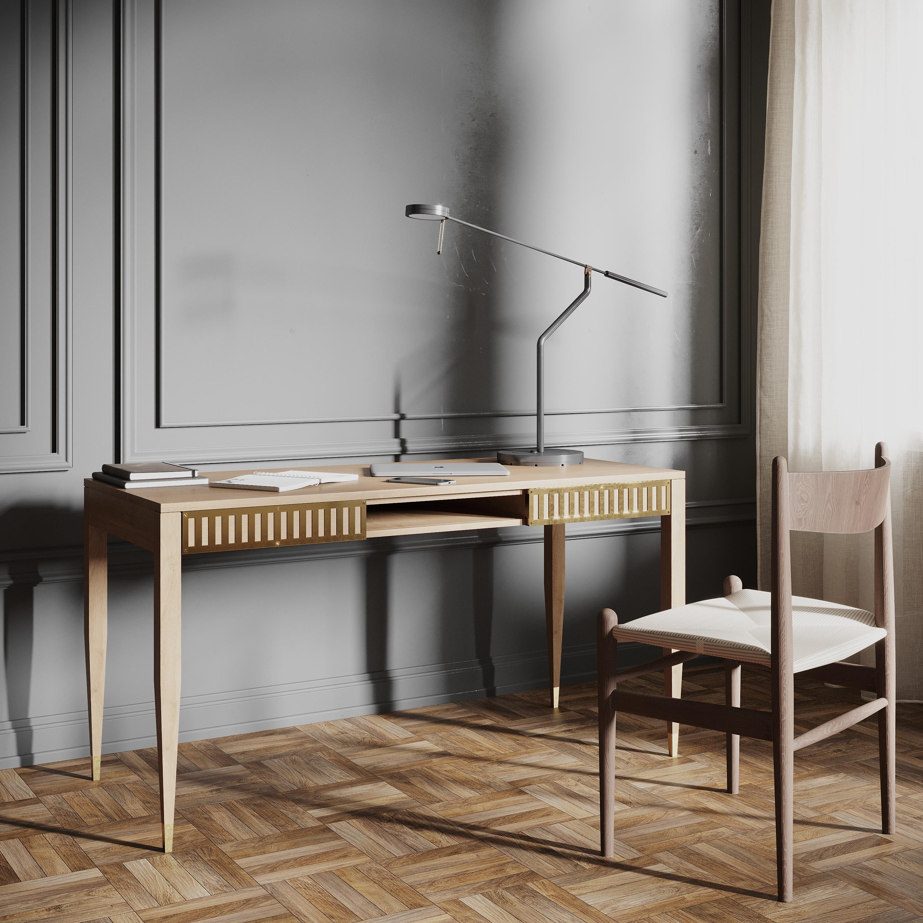 Hand-Crafted Large oak desk with drawers, shelf and brass fronts in mid century modern style For Sale