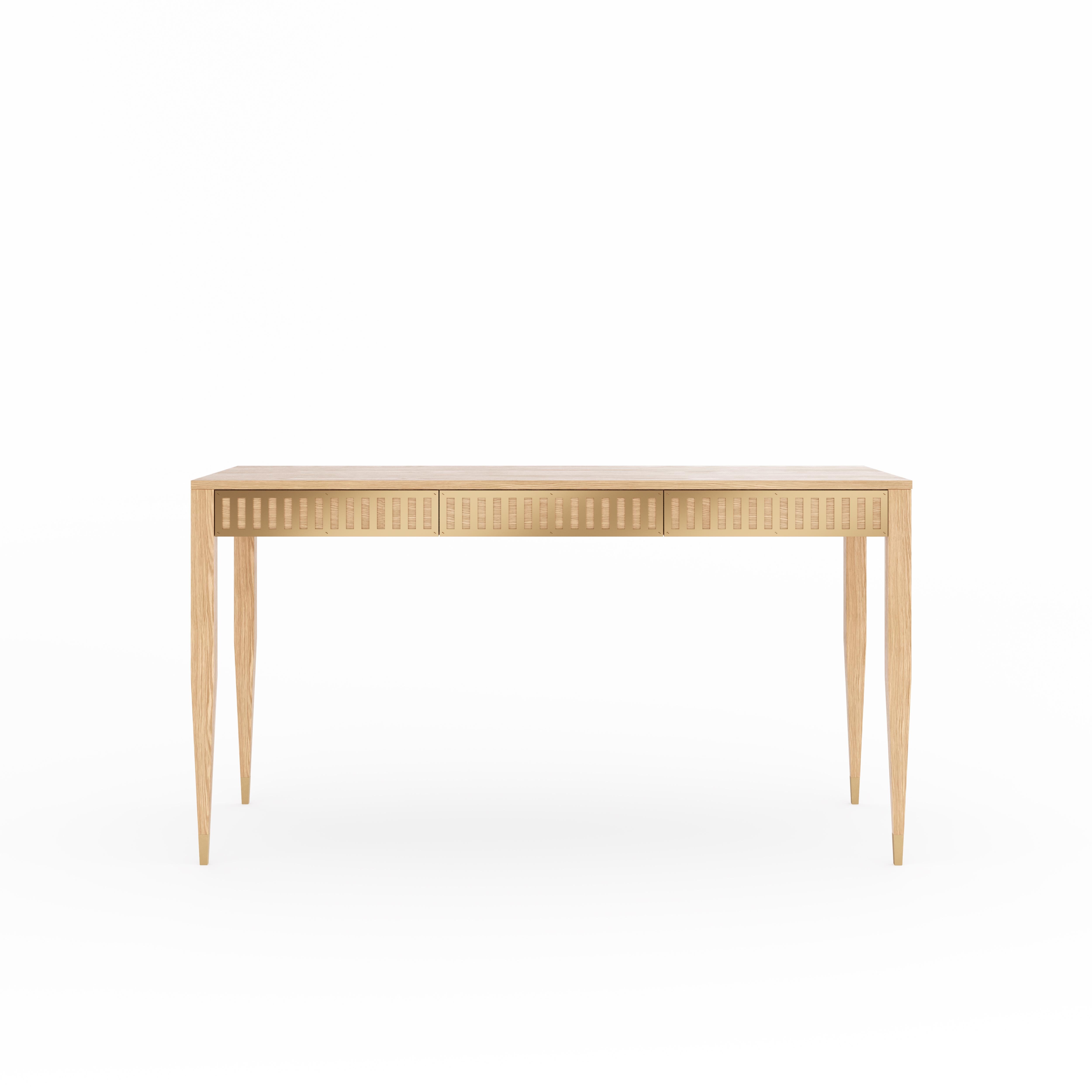 Desk in mid-century style with three drawers with brass fronts. The tapered legs are finished with brass plated aluminum feet. Desk made of solid oak wood and wood covered with natural oak veneer. Other wood on request. Perfect as office desk, study
