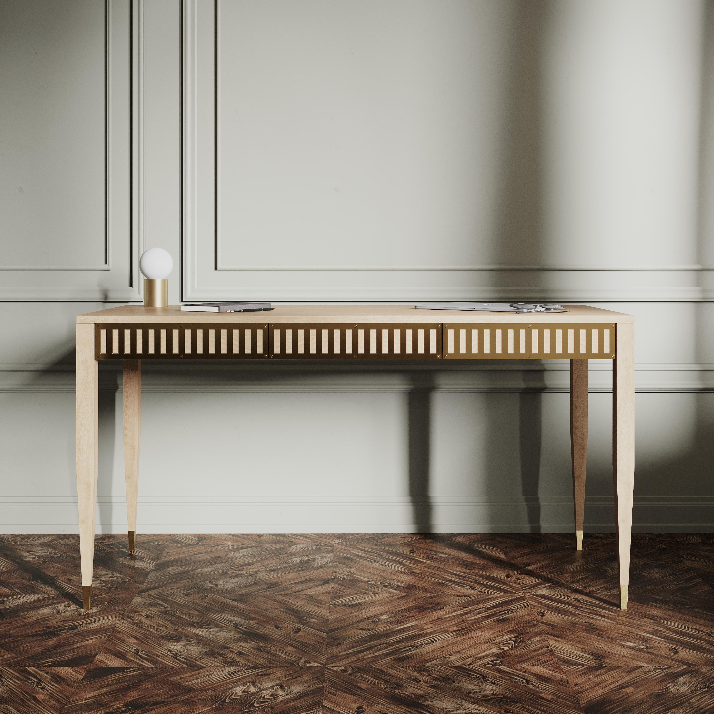Polish Large oak desk with three drawers with brass fronts in mid century modern style For Sale