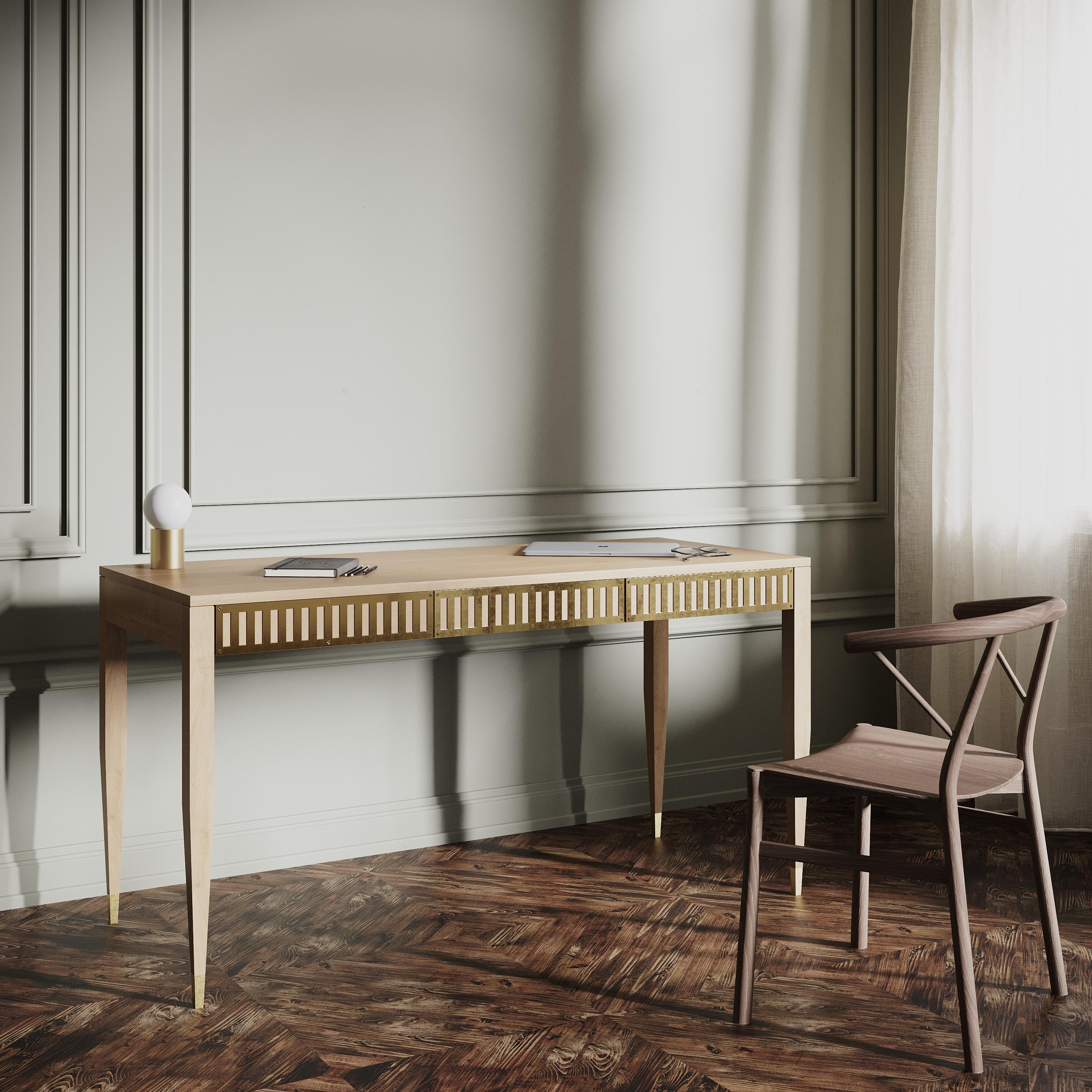 Hand-Crafted Large oak desk with three drawers with brass fronts in mid century modern style For Sale