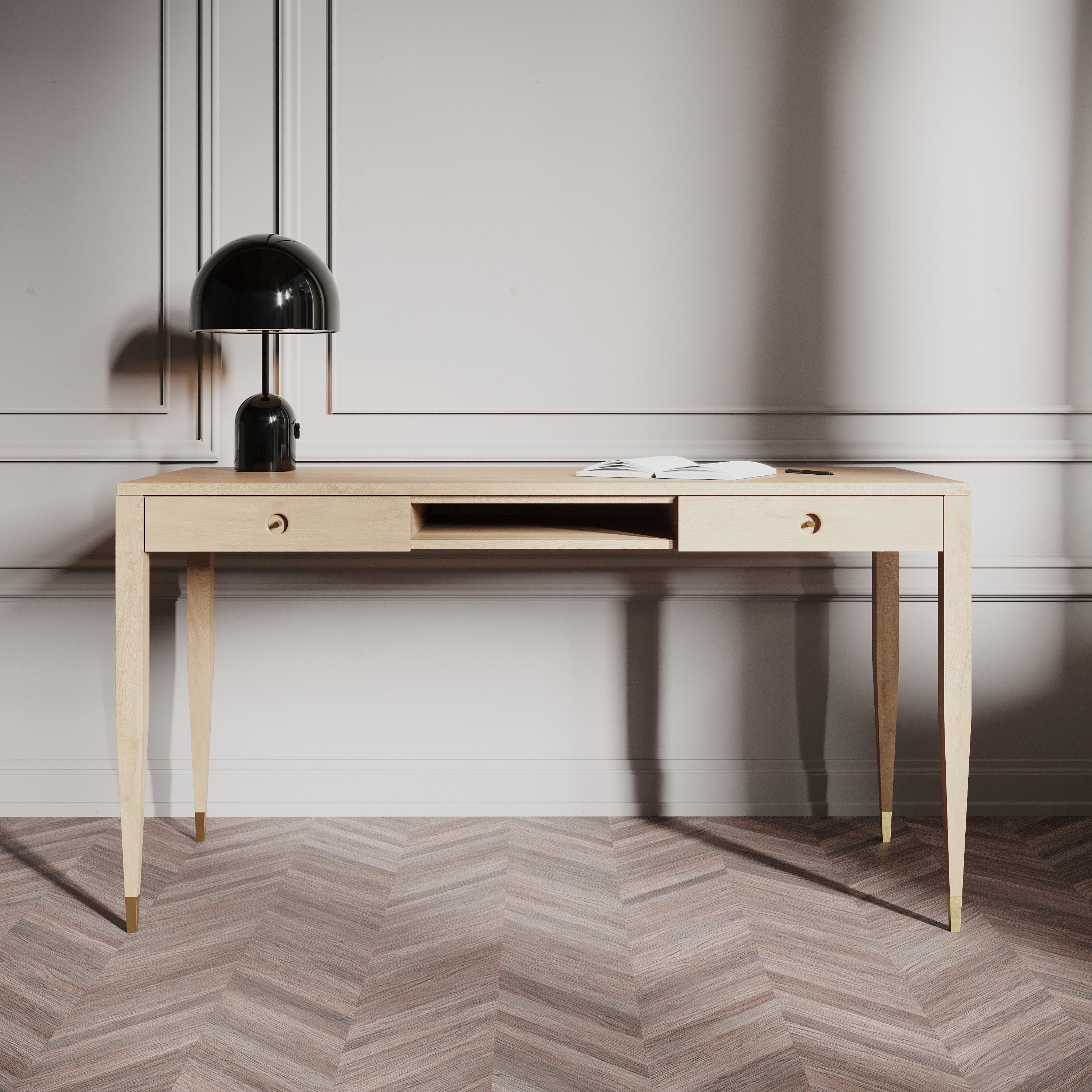 European Large oak desk with two solid drawers and shelf in mid century modern style For Sale