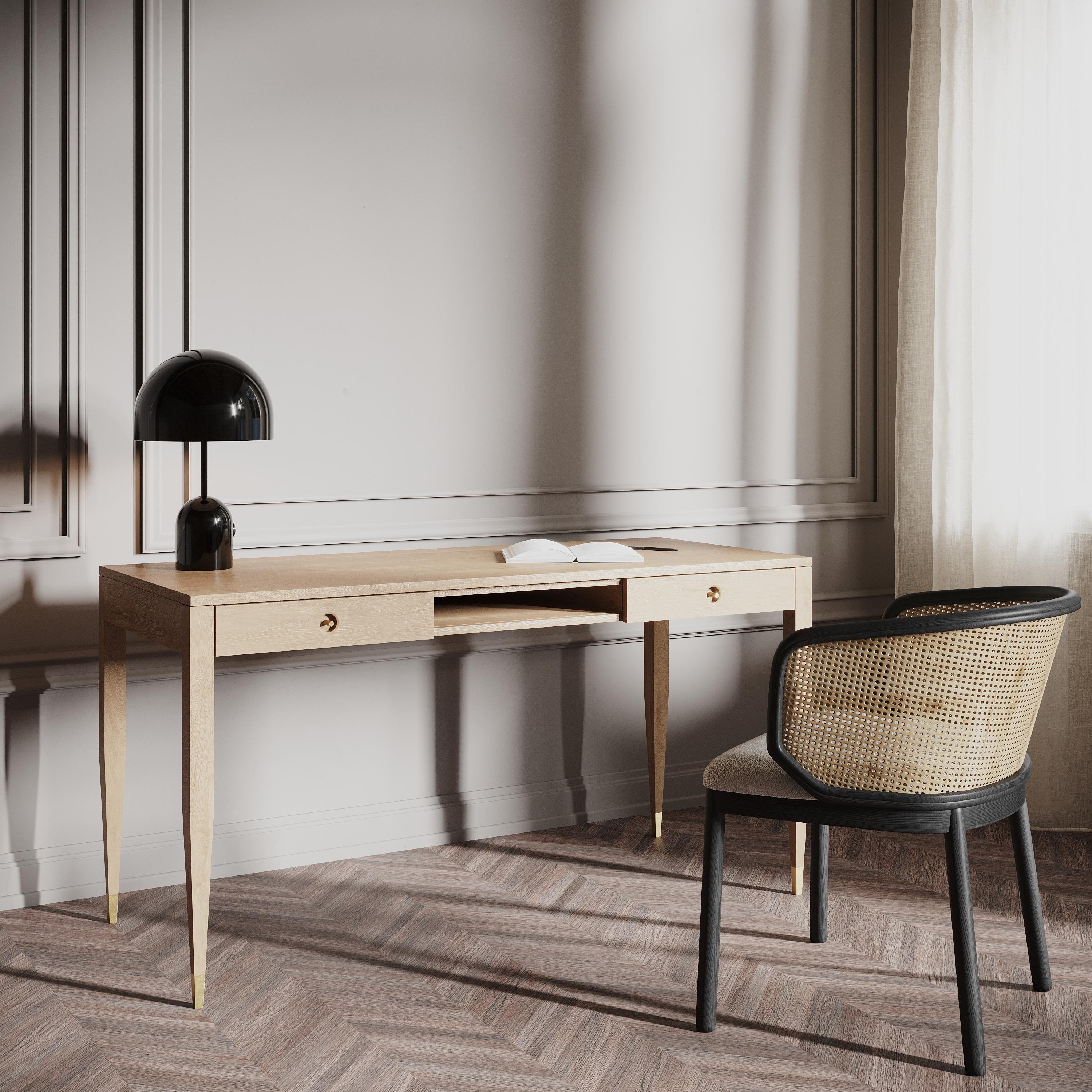 Hand-Crafted Large oak desk with two solid drawers and shelf in mid century modern style For Sale