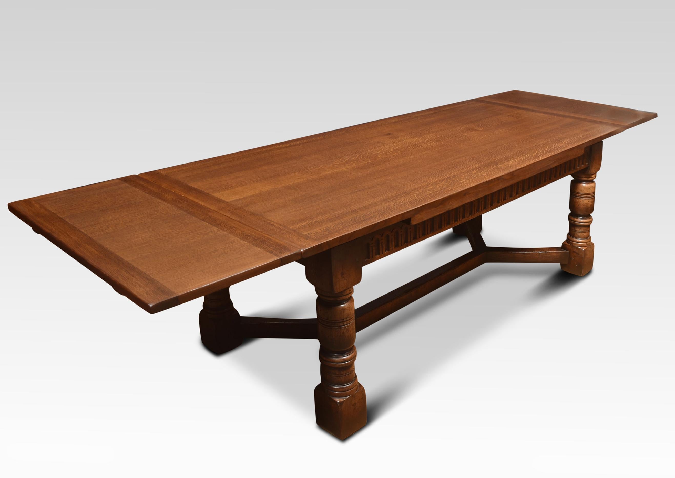 Oak draw leaf refectory table, the rectangular solid oak top above two pull-out ends, to the ed frieze above turned gun barrel legs joined by a double Y-shaped stretcher.
Dimensions
Height 30.5 Inches
Width 84 Inches when open 120 Inches
Depth