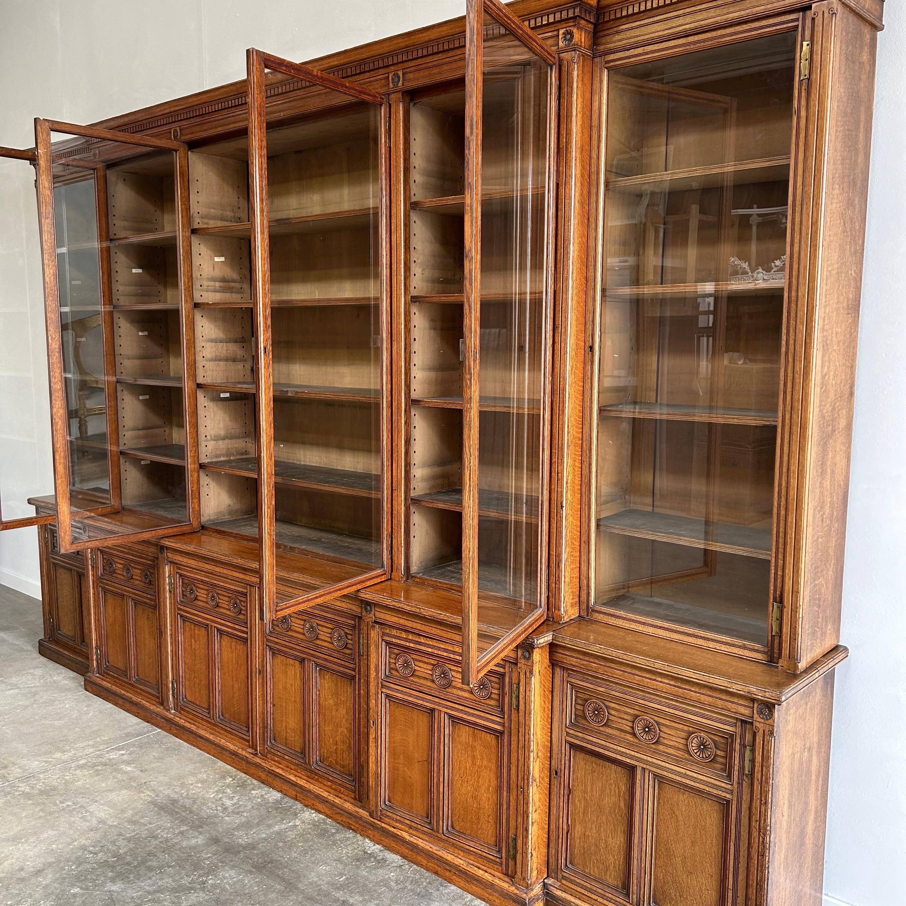 Large Oak European Bookcase with Glass Doors in Gustavian Style In Good Condition In Old Town Orange, CA