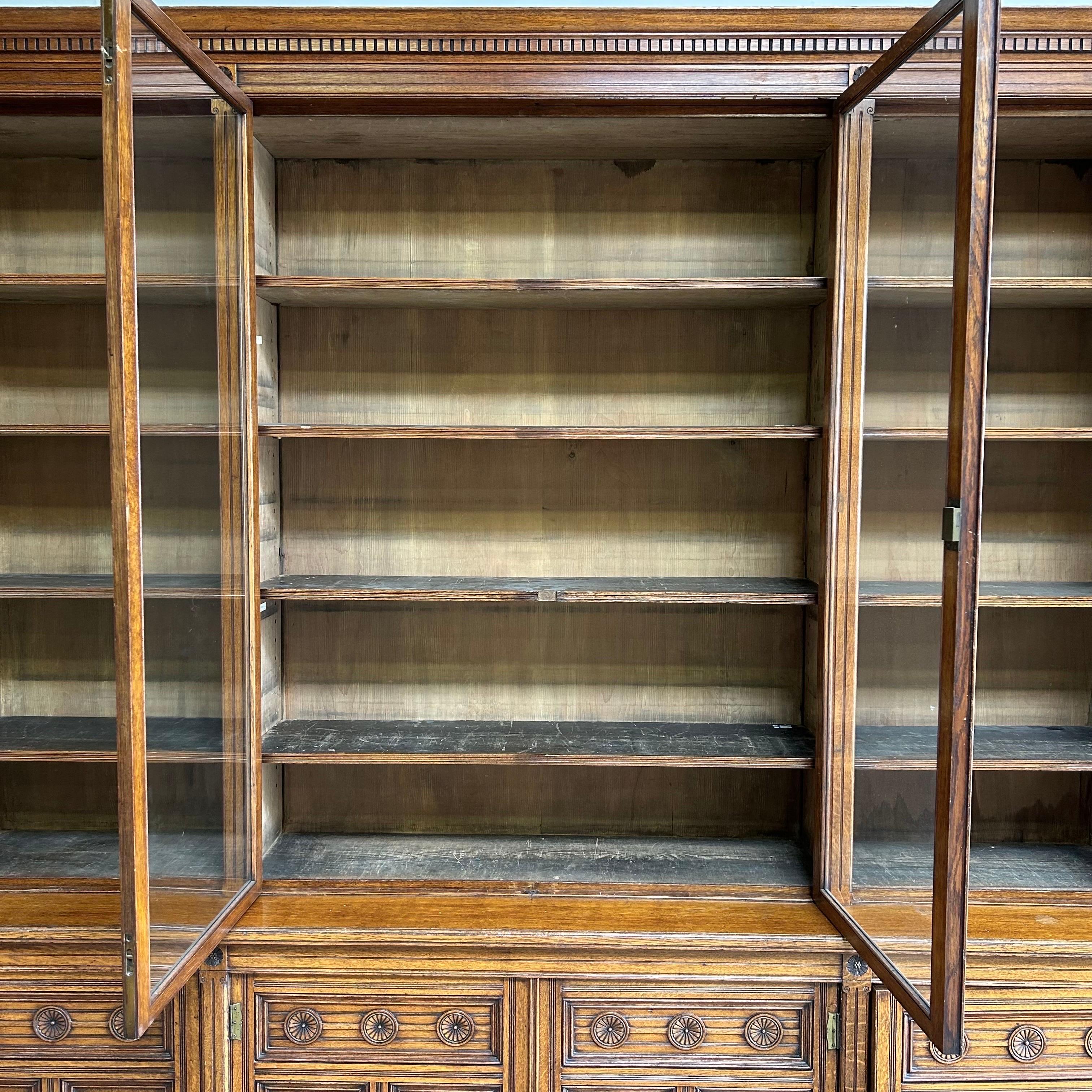 19th Century Large Oak European Bookcase with Glass Doors in Gustavian Style