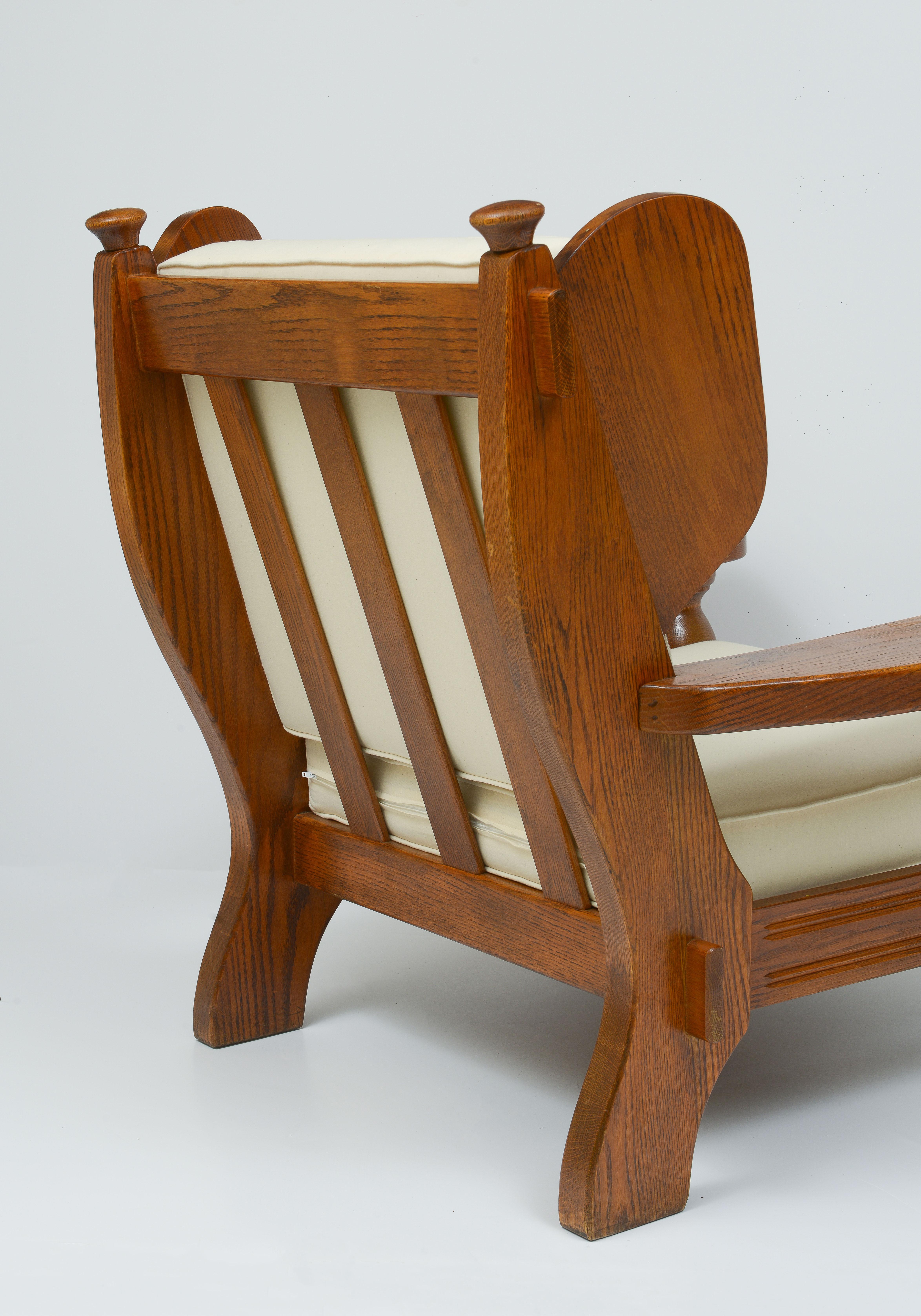 Chalet Lodge, Ranch Large Oak French Pair Lounge Chairs, White Cushions, 1970's For Sale 3