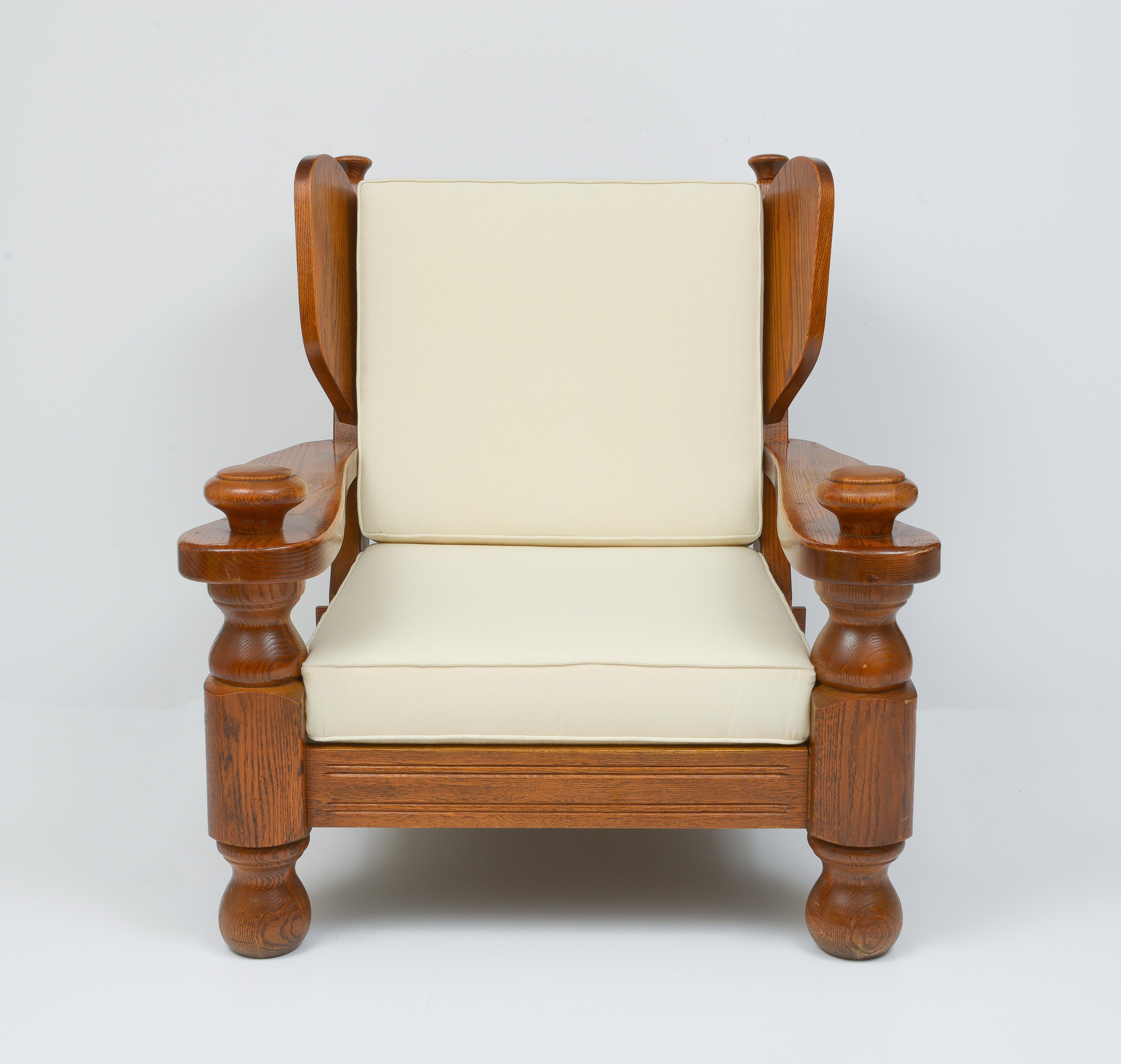 Awesome Rustic chairs, Very Heavy, deep and comfortable. Imported from France. Modern chalet or perfect eclectic mix for any Decor. Beautiful grain on wood. Guillerme and Chambron Style.

Same era as: Charlotte Perriand, Jean Prouve, Pierre Pauline,