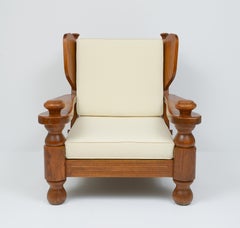 Chalet Lodge, Ranch Large Oak French Pair Lounge Chairs, White Cushions, 1970's