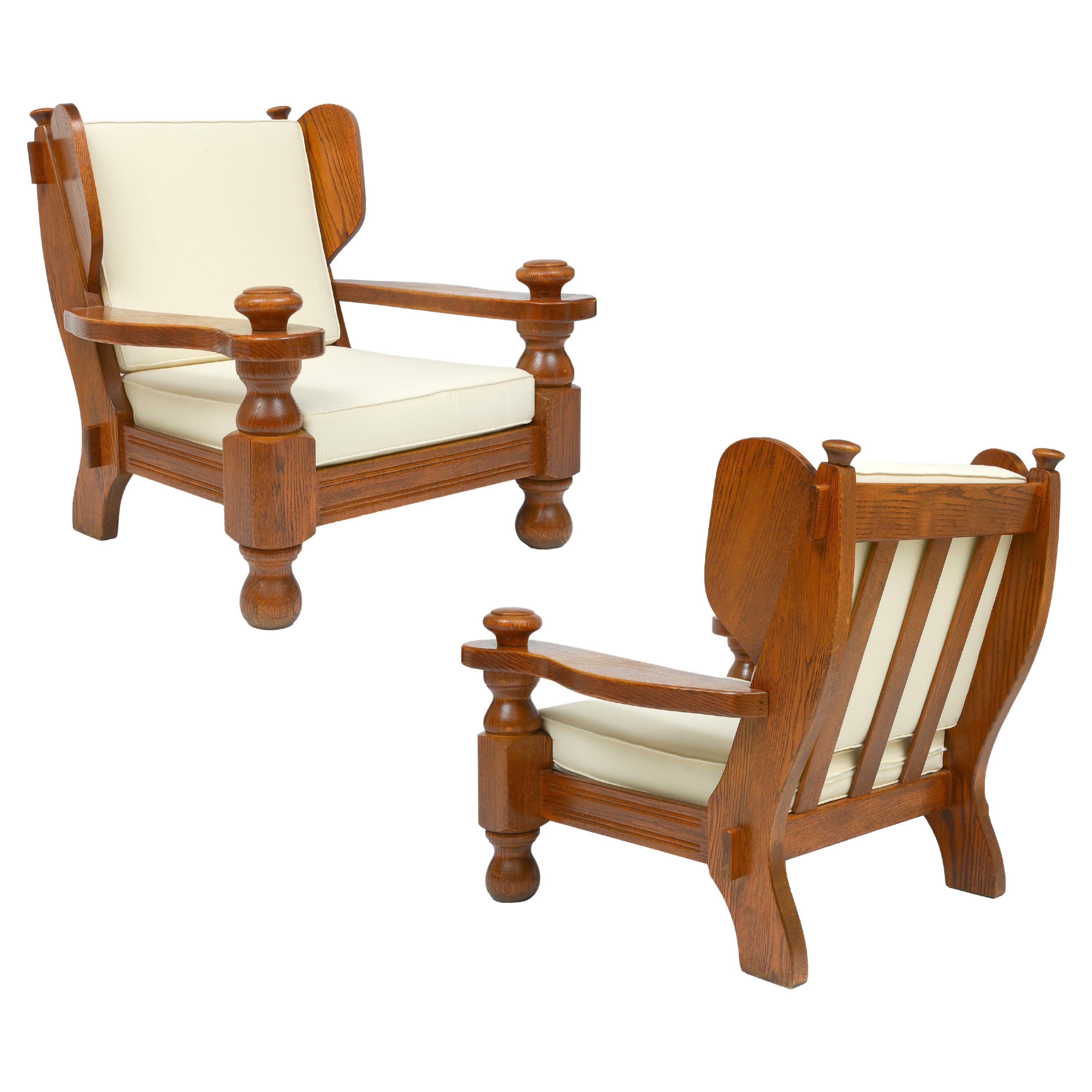 Chalet Lodge, Ranch Large Oak French Pair Lounge Chairs, White Cushions, 1970's For Sale