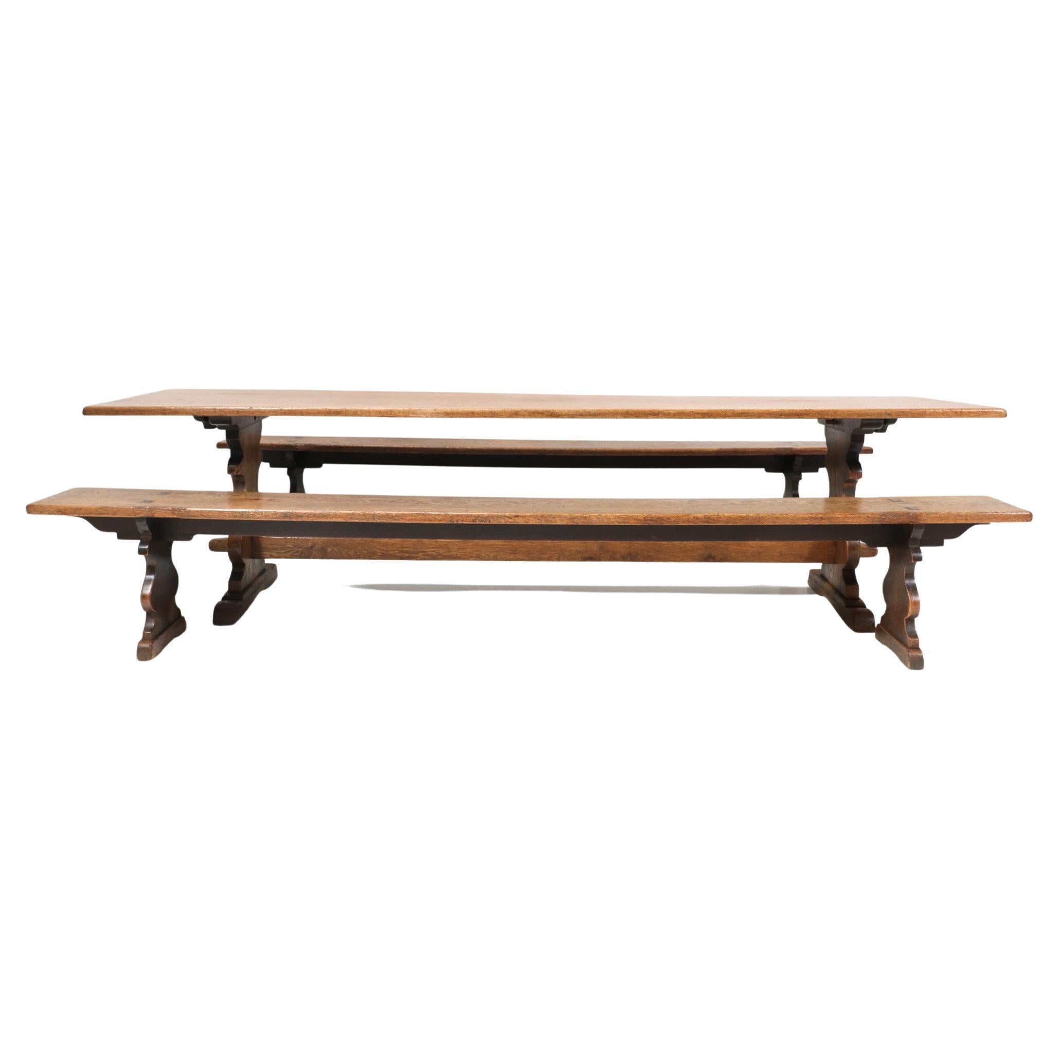 Large Oak French Provincial Farm Table with Two Benches or Stools