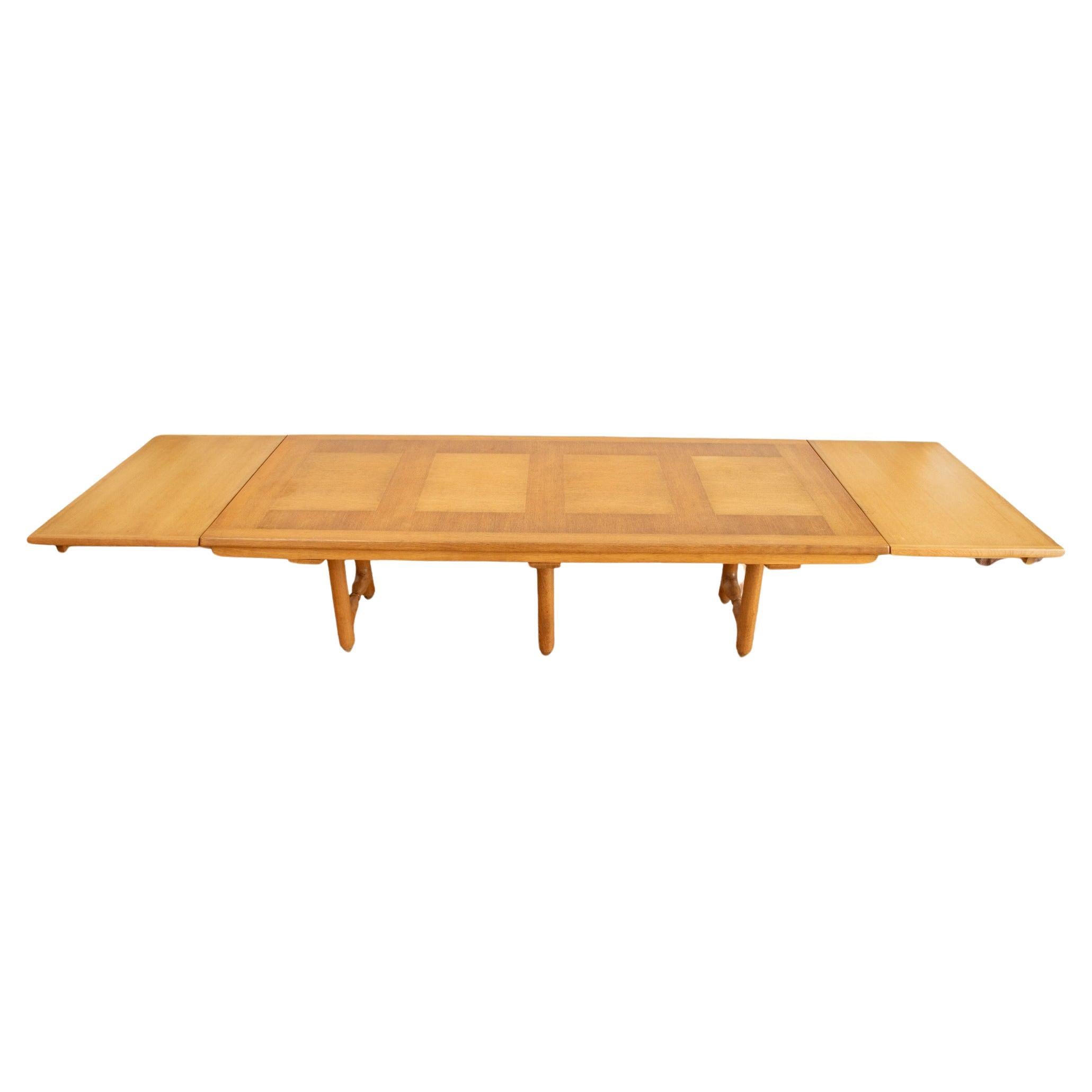 Large oak mid century modern French extending table, by Guillerme and Chambron, France circa 1950/60
Rare hard to come by large dining table, model Gustave, blonde oak extending two leaves inset with smart extension providing extra space on the top,