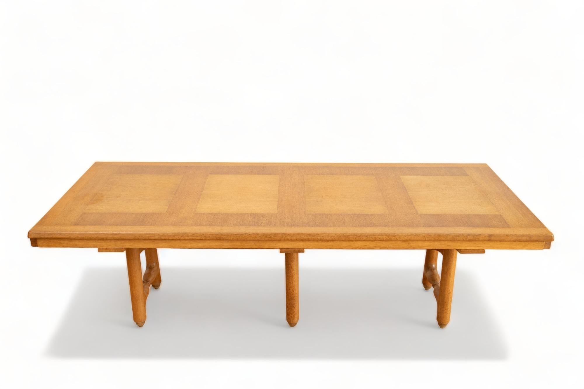 Large Oak Mid Century Modern French Extending Table, by Guillerme and Chambron In Excellent Condition In Miami, FL