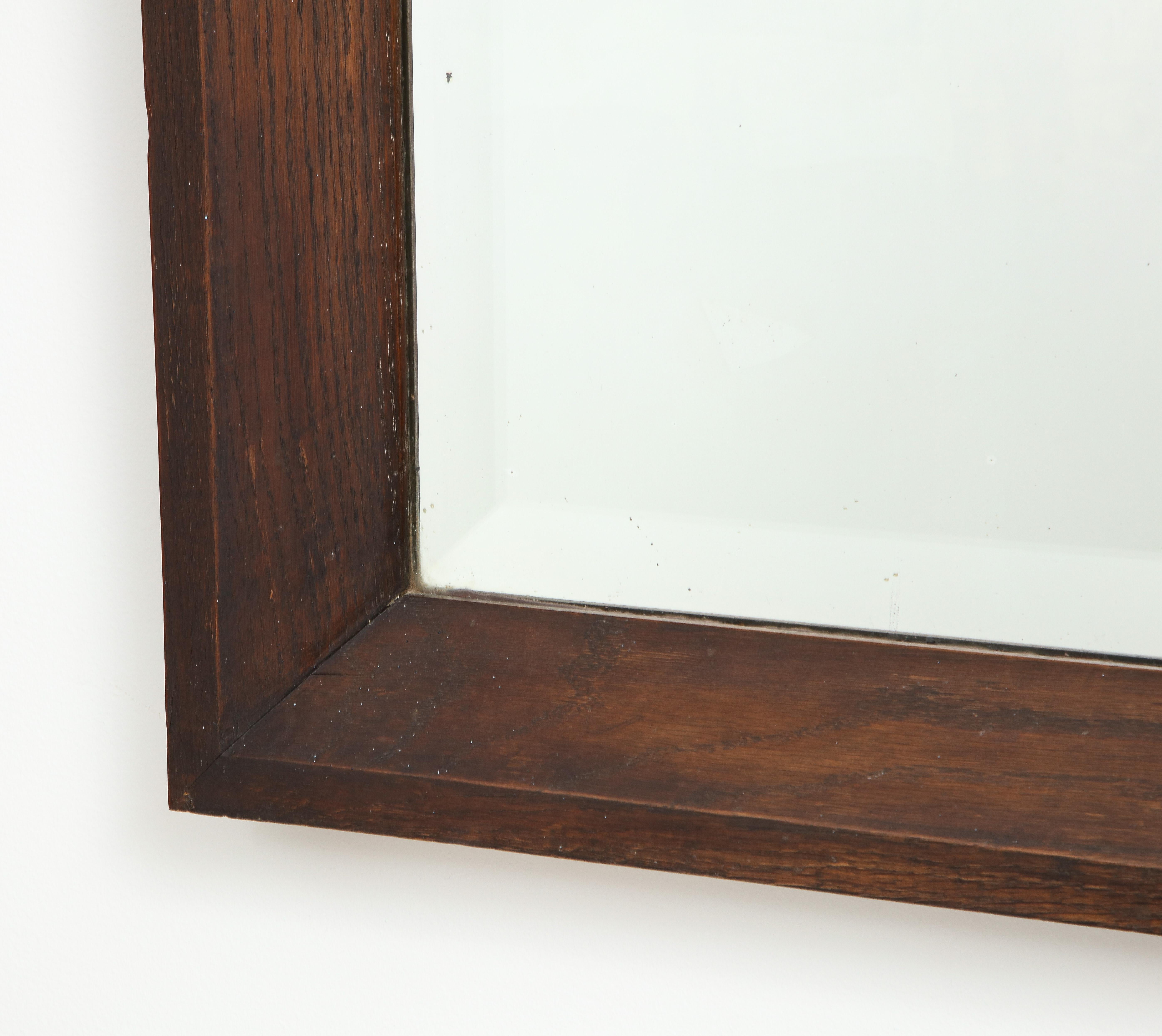 French Large Oak Modernist Mirror, Original Bevelled Glass, France, c. 1930's