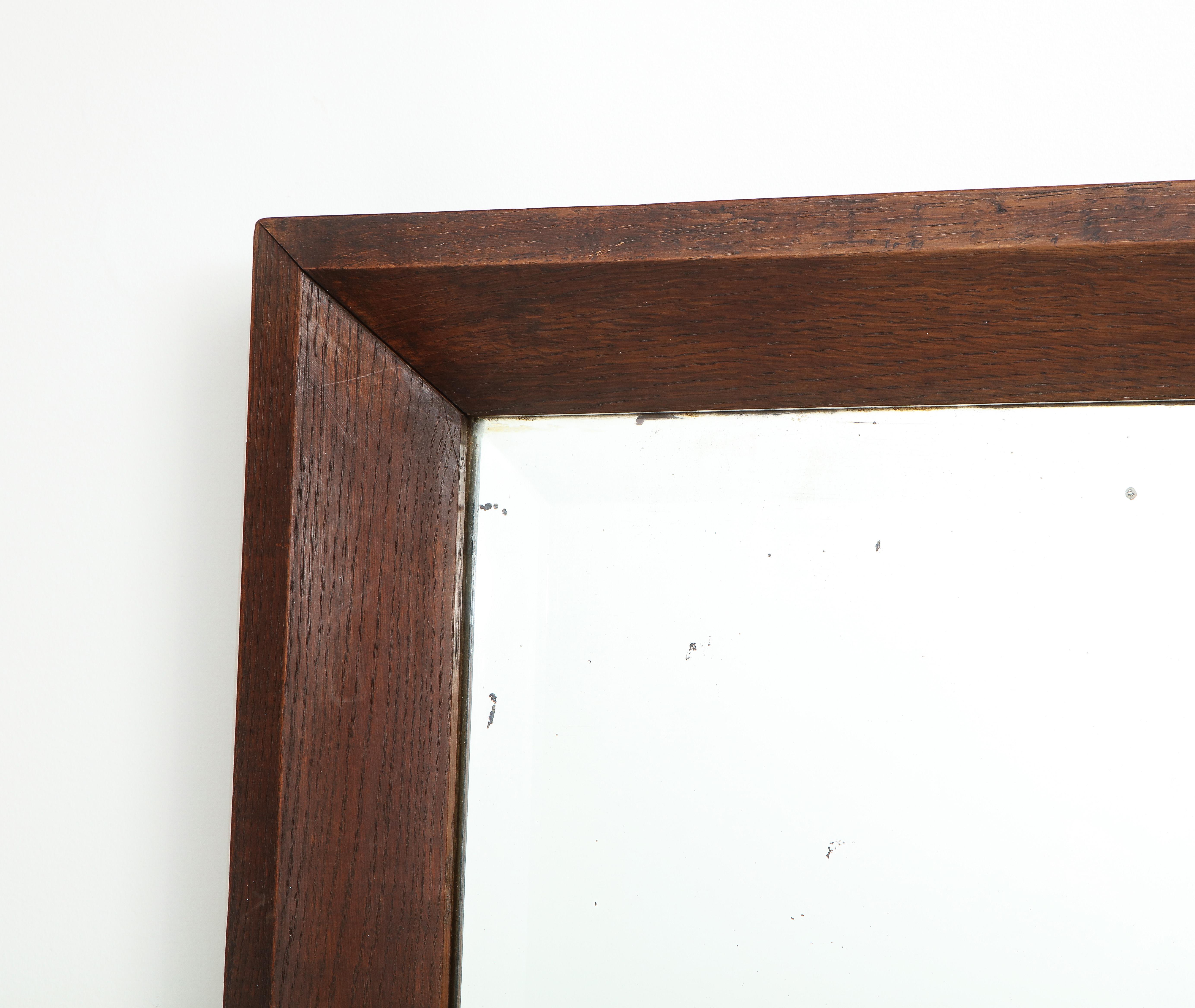 Large Oak Modernist Mirror, Original Bevelled Glass, France, c. 1930's In Good Condition In Brooklyn, NY