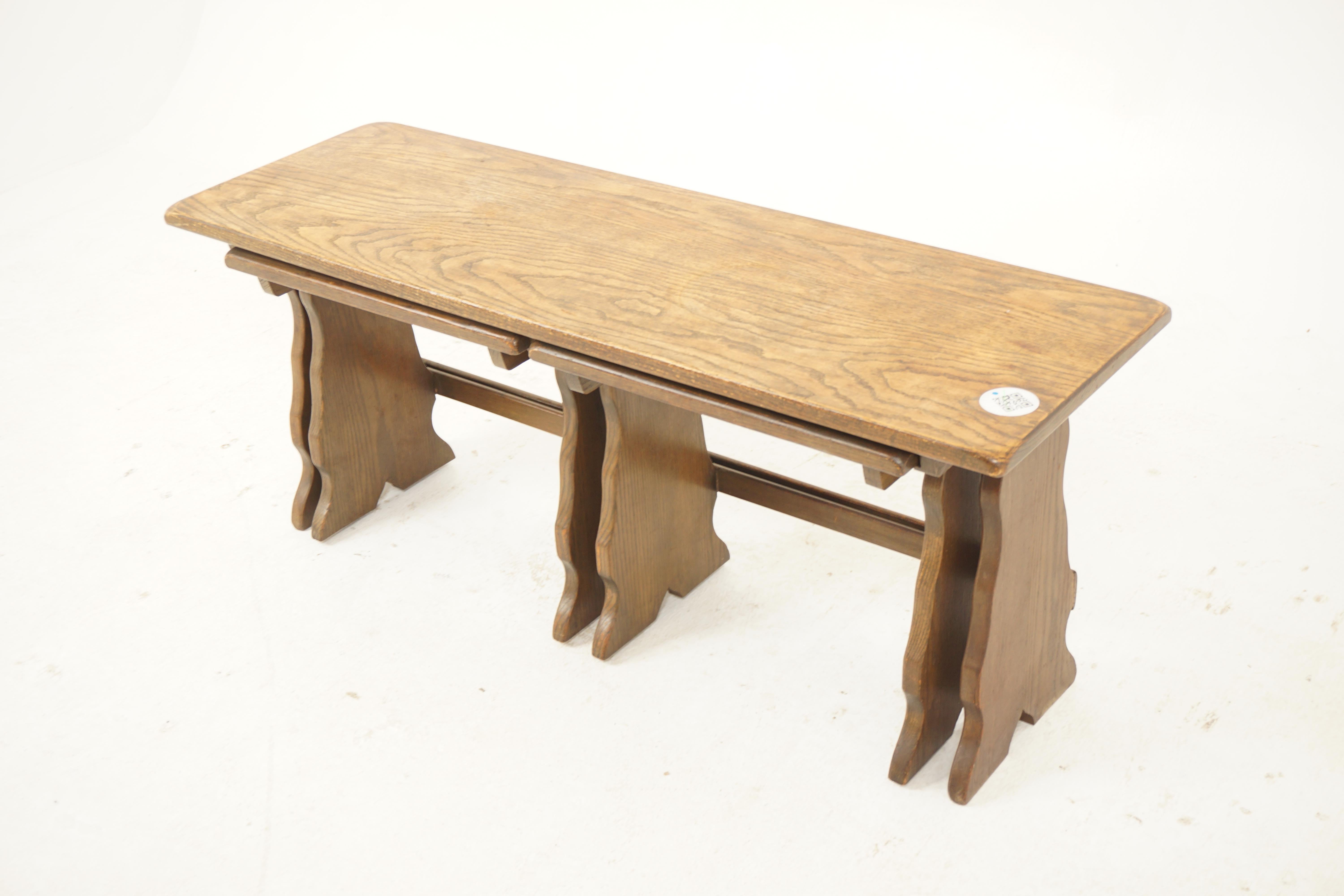 Large Oak nesting table, end tables, Scotland 1930, H193

Scotland 1930
Solid Oak
Original Finish
Rectangular solid oak top with rounded ends for all three tables
Shaped solid Oak ends
Please note the two smaller tables have not been used