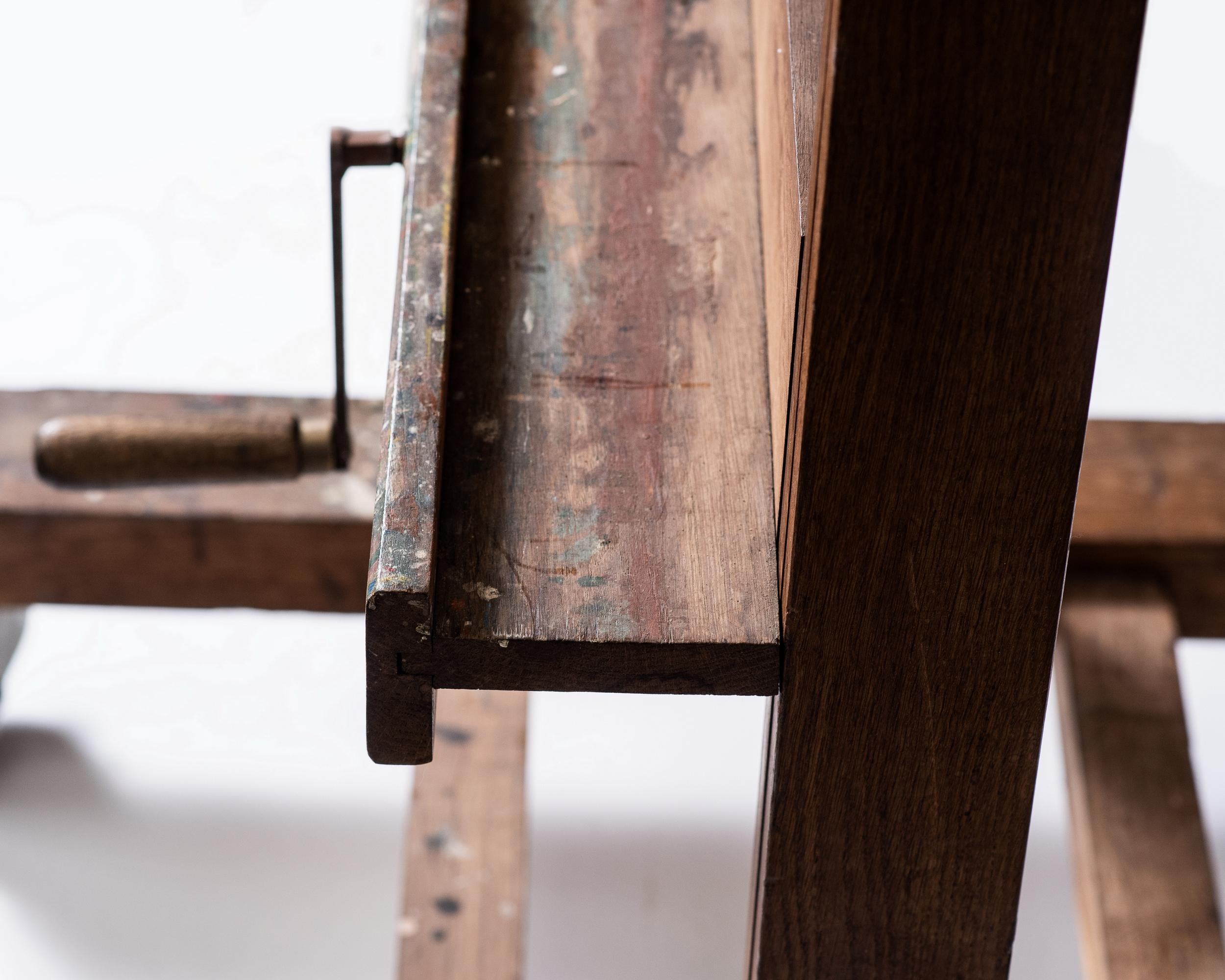 Brass Large oak painter's easel, Paris, France, circa 1950 For Sale