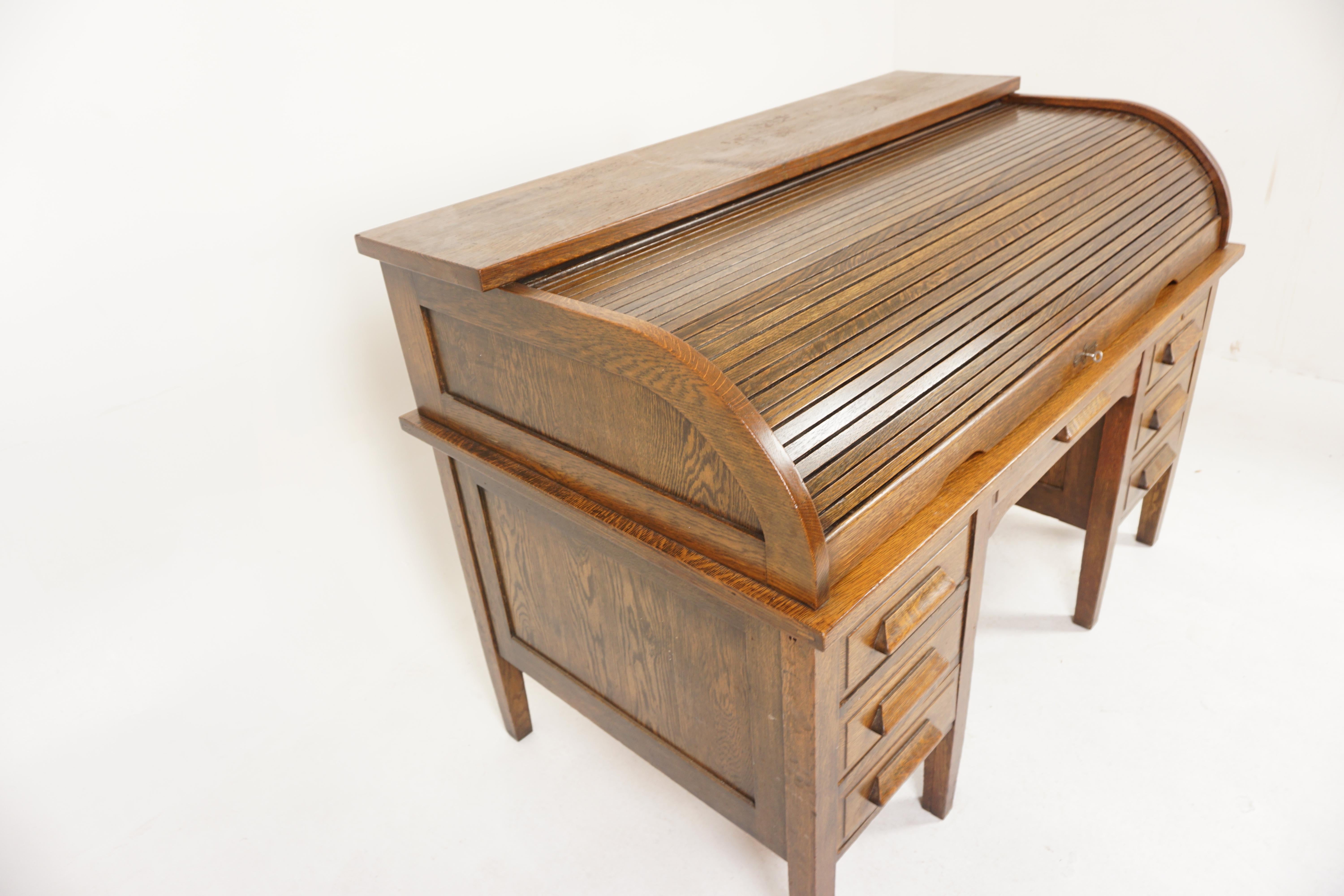 Scottish Large Oak Panelled Roll Top Desk, Scotland 1920, H1182