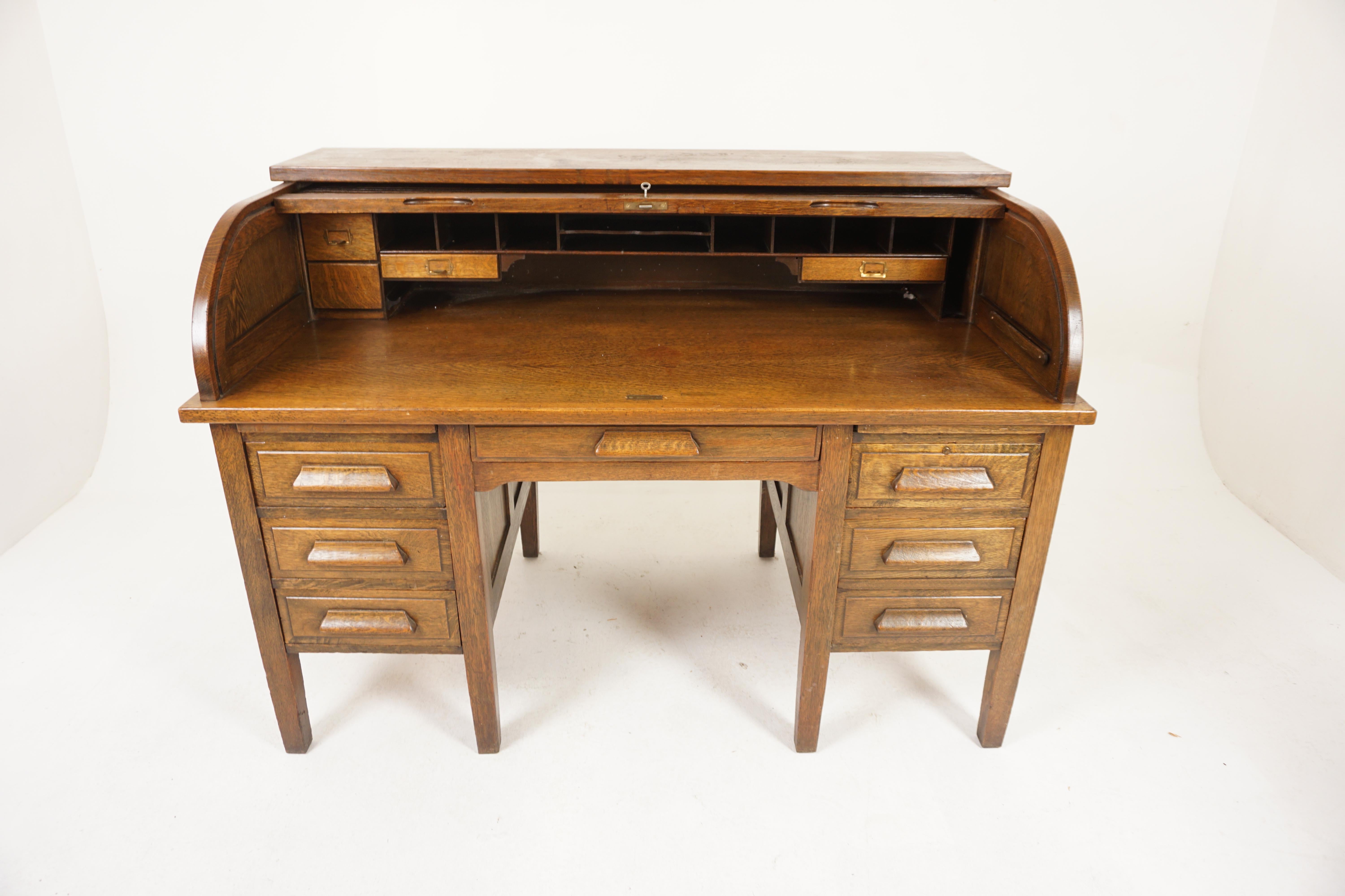 Early 20th Century Large Oak Panelled Roll Top Desk, Scotland 1920, H1182