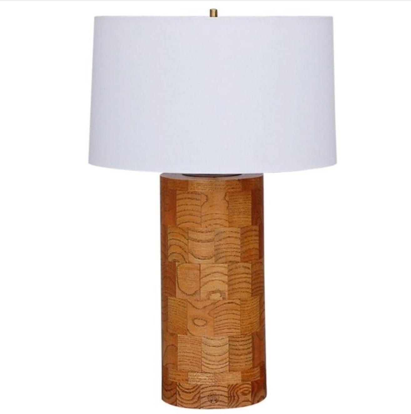 Large oak patchwork table lamp by Amter Craft. Stamped. Shade dimensions: 12