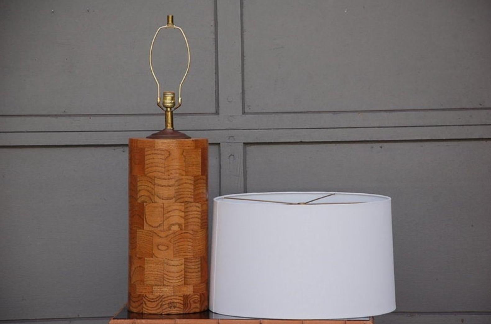 Large Oak Patchwork Table Lamp by Amter Craft In Good Condition For Sale In Los Angeles, CA
