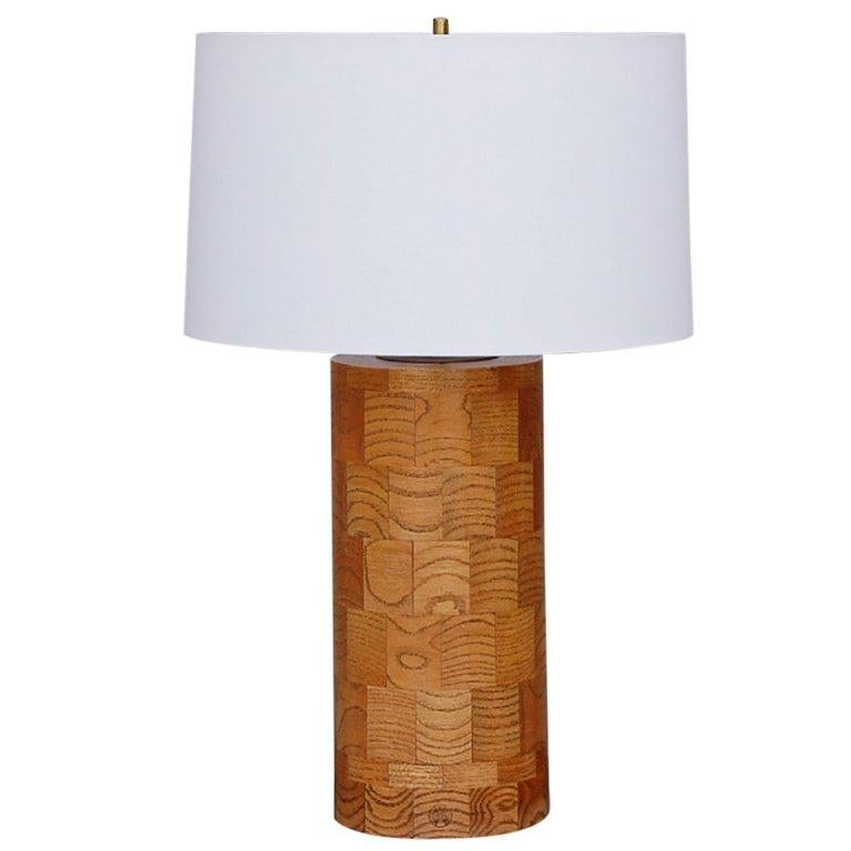 Large oak patchwork table lamp by Amter Craft For Sale