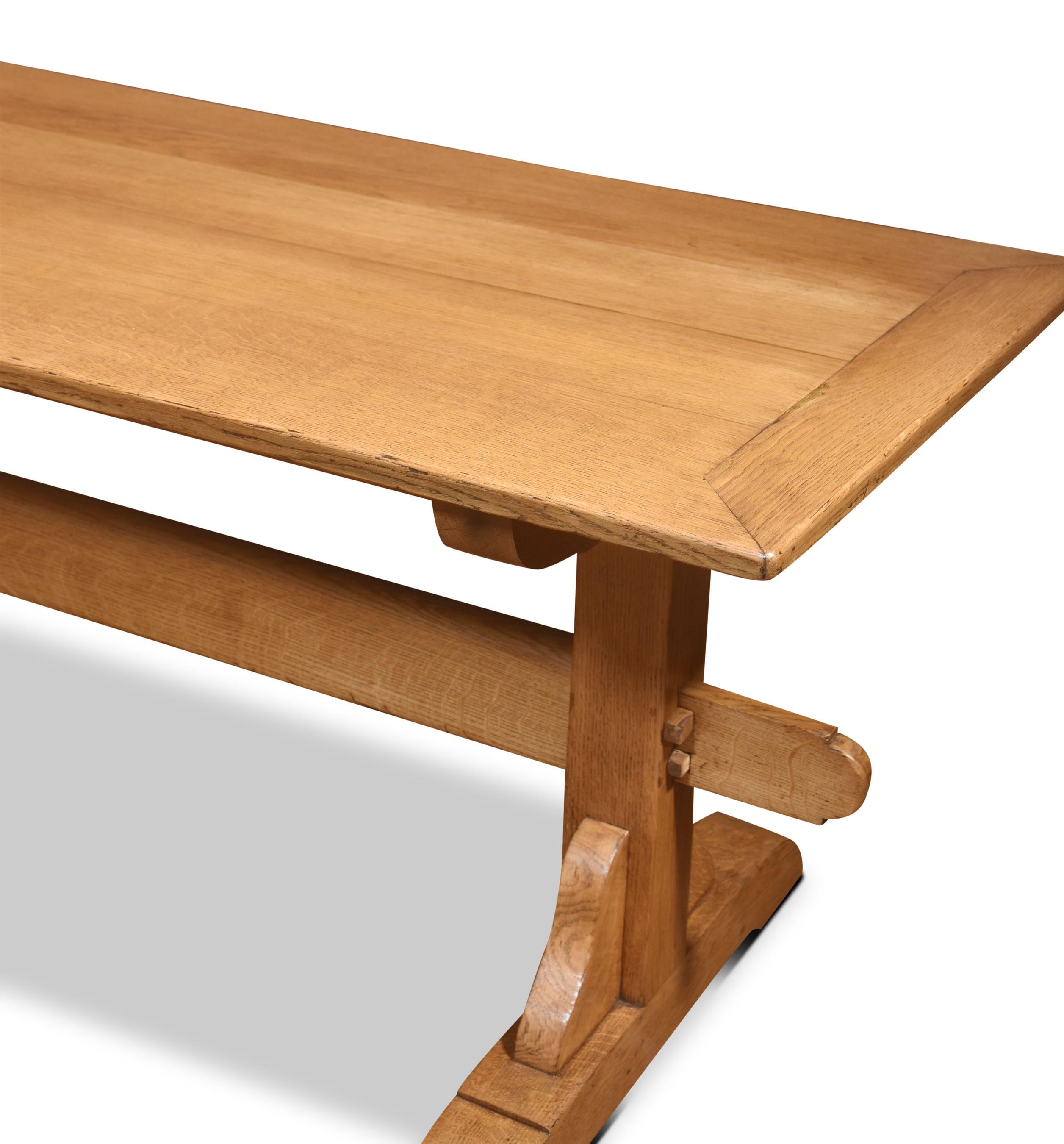 Oak refectory table, the plank top, raised on platform end supports with trestle legs united by stretcher.
Dimensions
Height 30 Inches
Width 96 Inches
Depth 30 Inches
