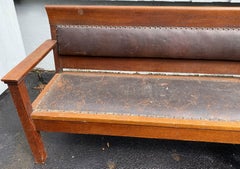 Large Oak Railroad or Train Station Bench w/ Original Leather circa 1910