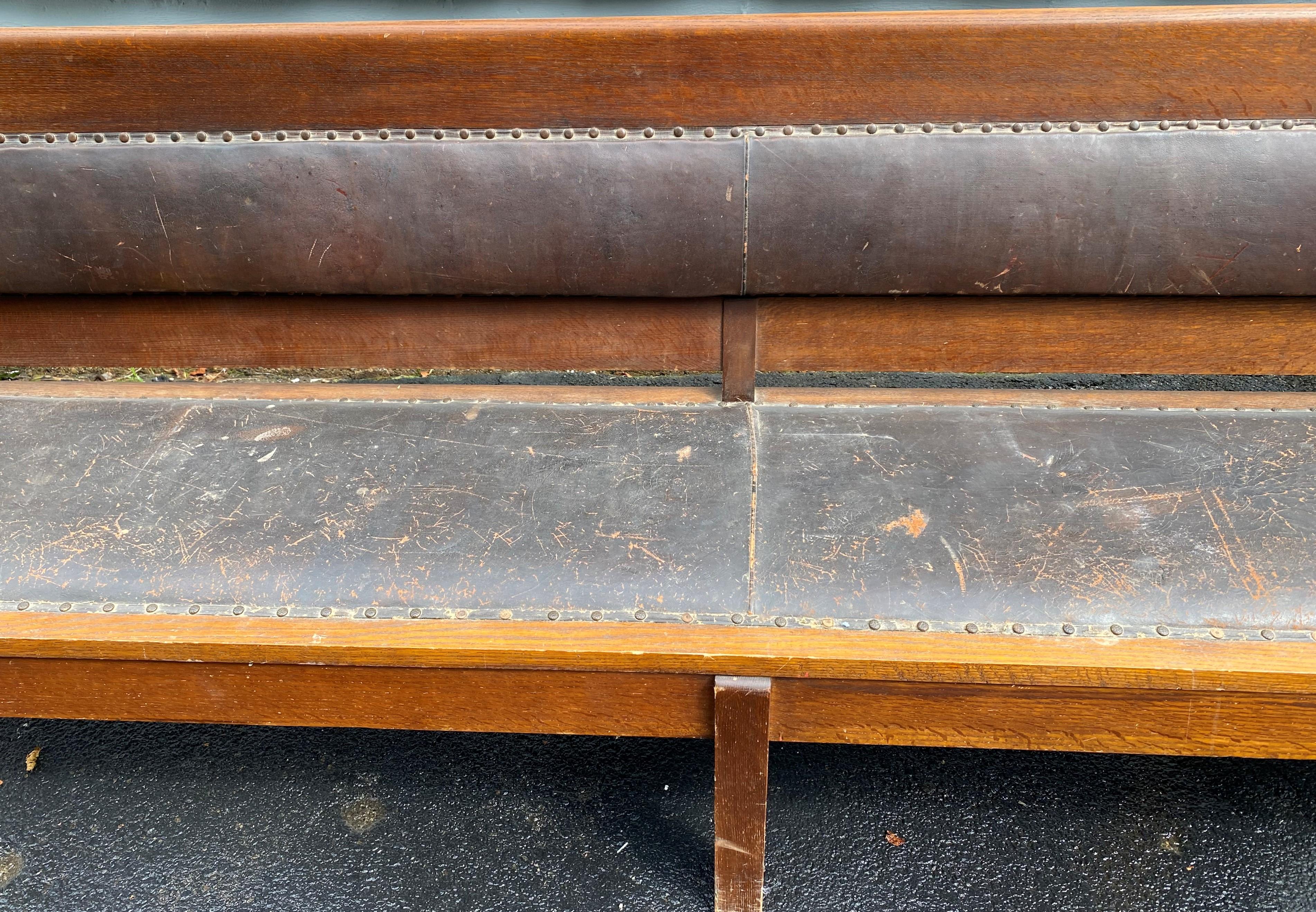 American Large Oak Railroad or Train Station Bench w/ Original Leather circa 1910