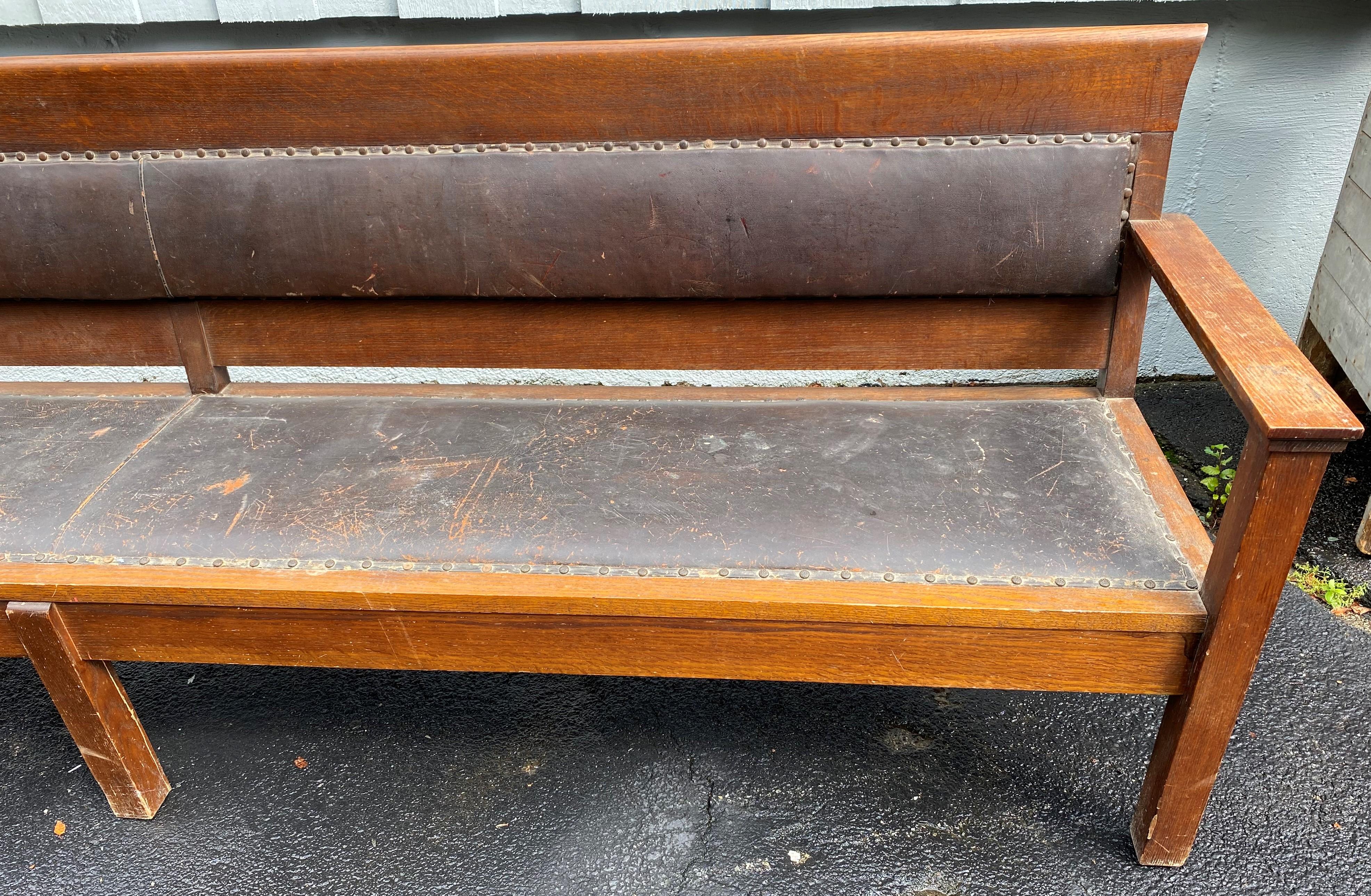 Hand-Carved Large Oak Railroad or Train Station Bench w/ Original Leather circa 1910