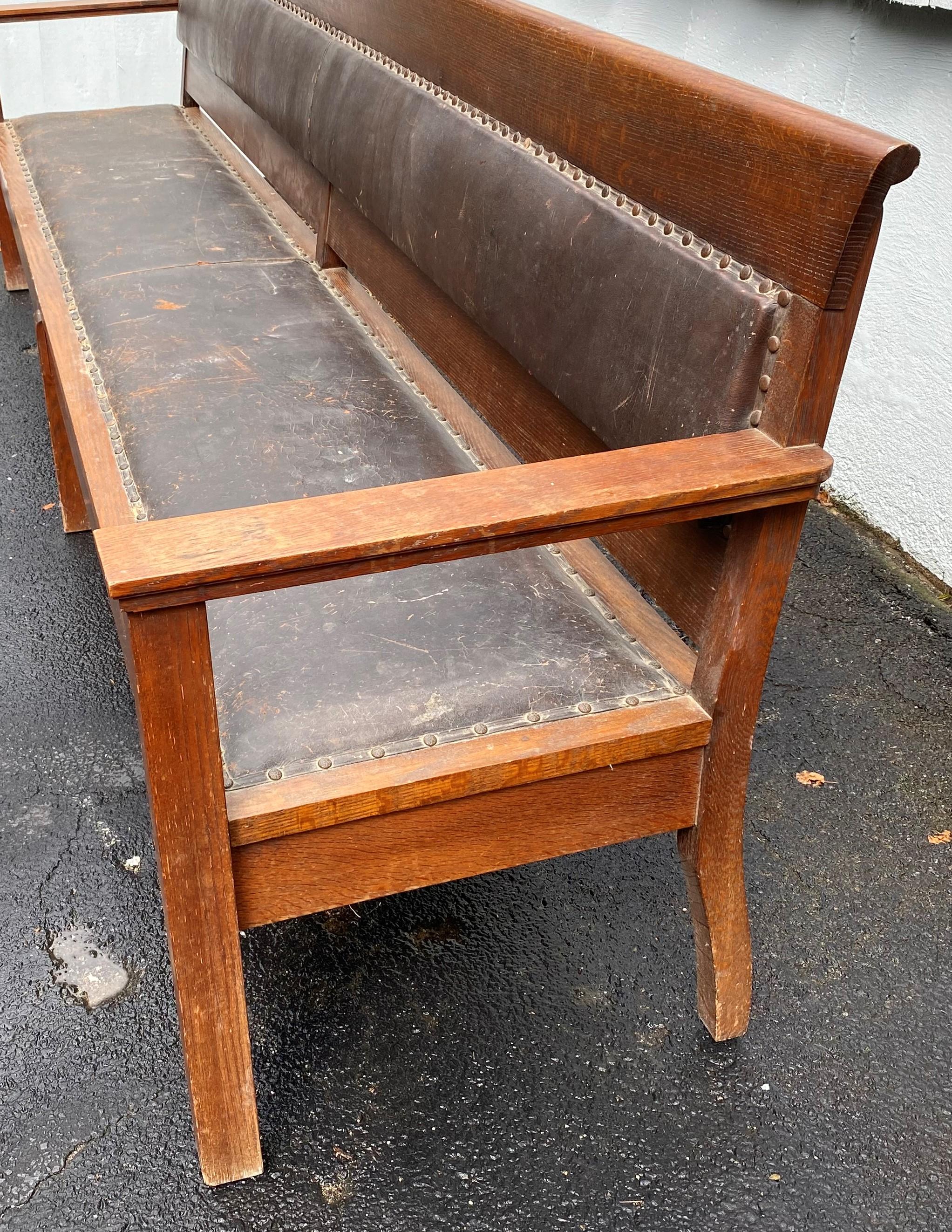 20th Century Large Oak Railroad or Train Station Bench w/ Original Leather circa 1910