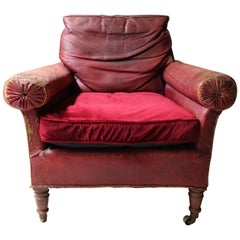 Antique Large Oak & Red Morocco Leather Library Armchair, circa 1850, Fonthill Abbey