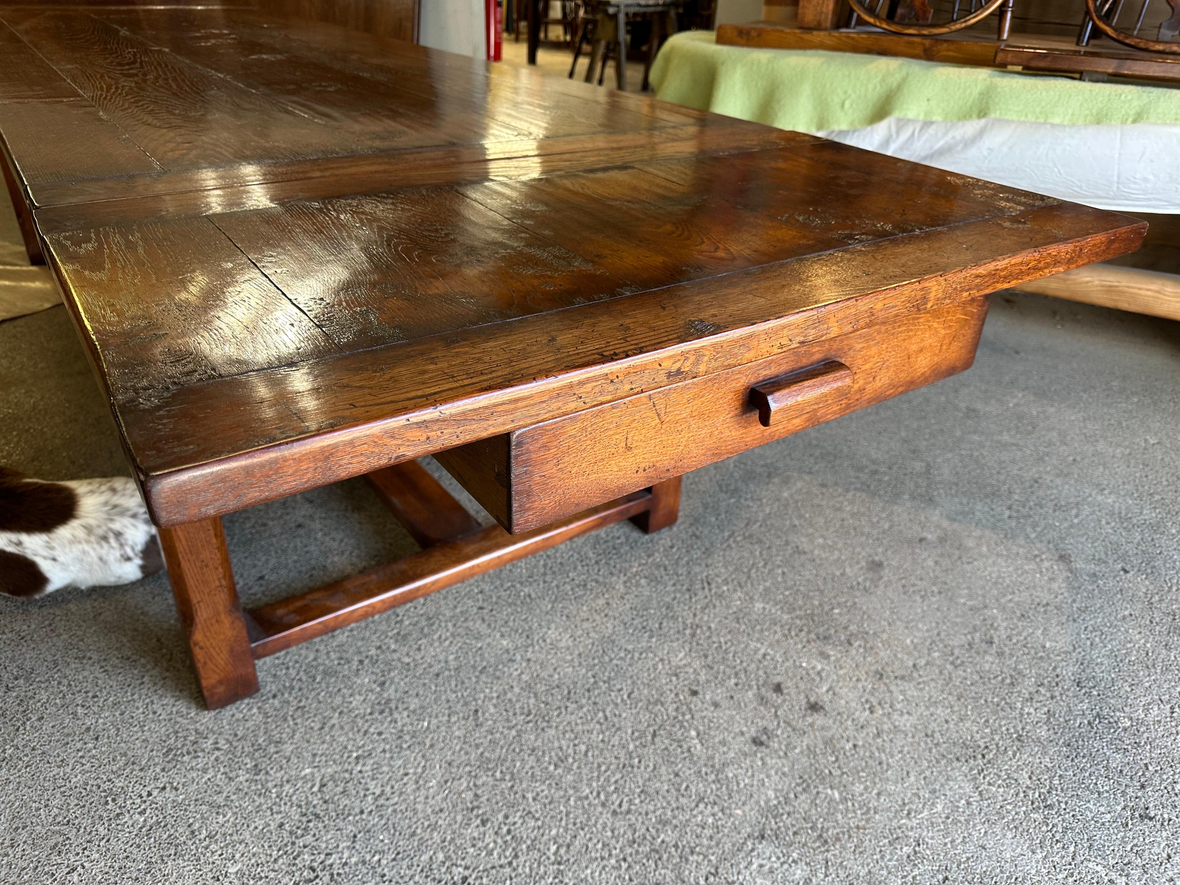 20th Century Large Oak Refectory Dining Table with Two Extension Leaves