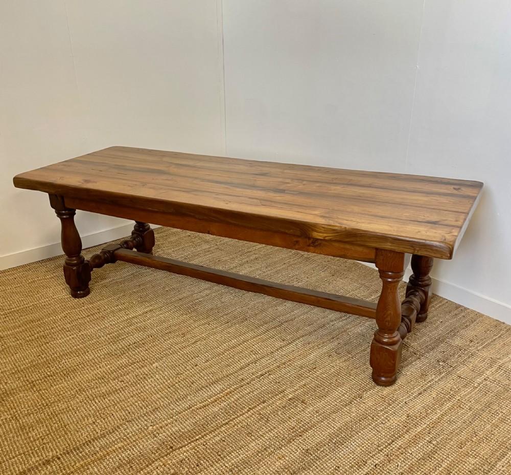 Early 20th century oak refectory table , the substantial top standing on turned legs / H stretcher
Dating to around the 1930’s this table will seat 8 people
The top can come off for ease of transportation/ delivery
Height 77 cms
Width 85 cms
Length